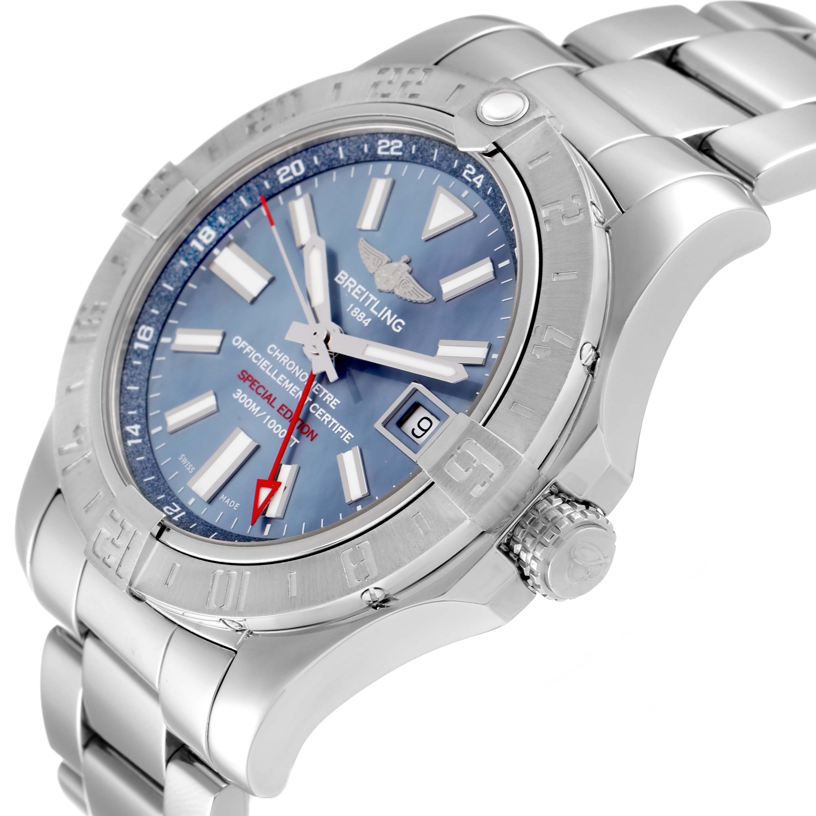 The Breitling Avenger A3239011/C930 Men's Stainless Steel Mother of Pearl Dial A3239011/C930 Men's Stainless Steel Mother of Pearl Dial watch is shown at a slight angle, highlighting its dial, bezel, bracelet, and crown.