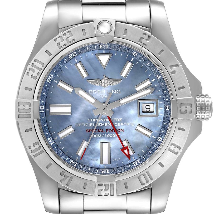 Breitling Avenger II GMT Blue Mother of Pearl Dial Mens Watch A32390 Box Papers SwissWatchExpo