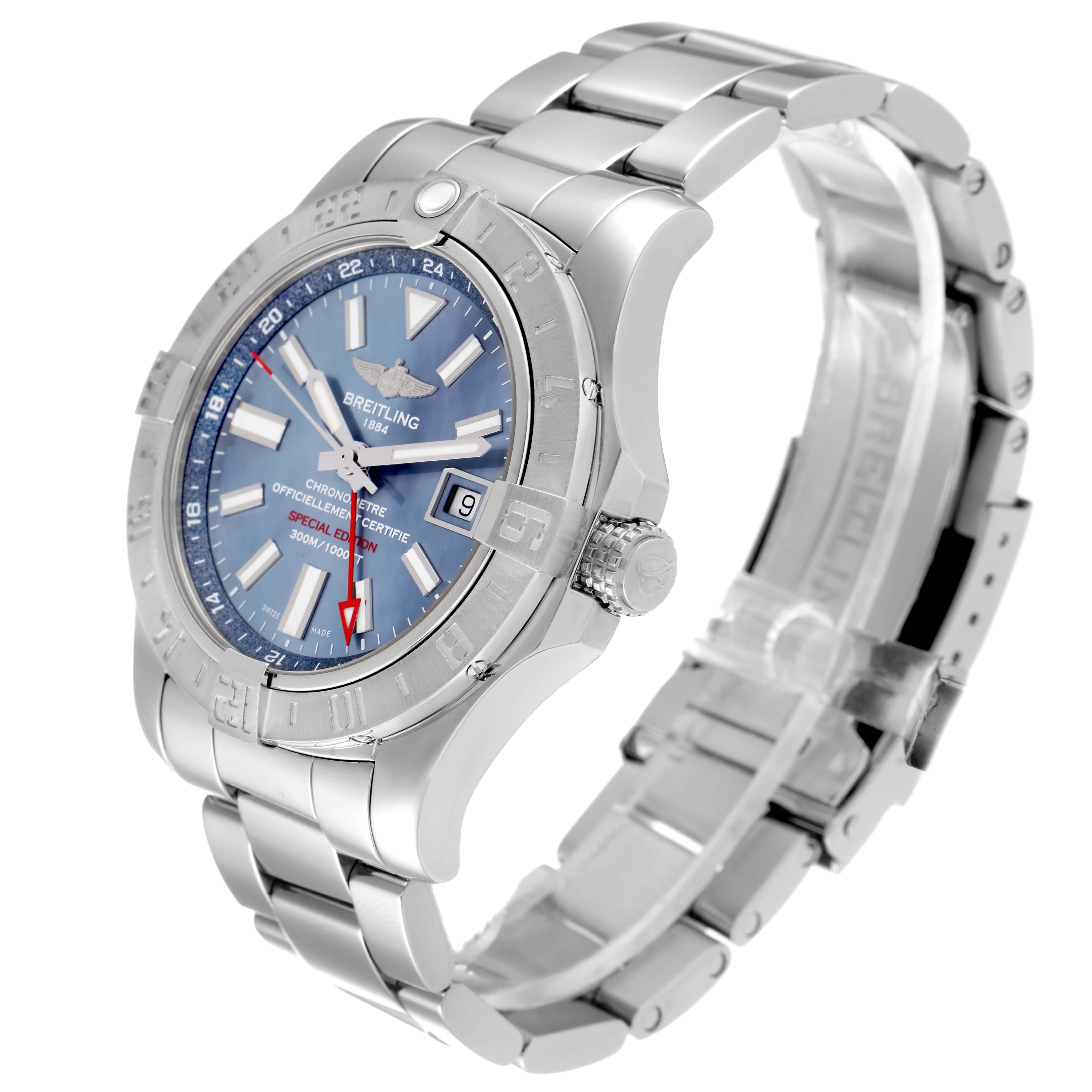 The image shows a Breitling Avenger A3239011/C930 Men's Stainless Steel Mother of Pearl Dial A3239011/C930 Men's Stainless Steel Mother of Pearl Dial watch at a three-quarter angle, highlighting its bracelet, bezel, and dial.