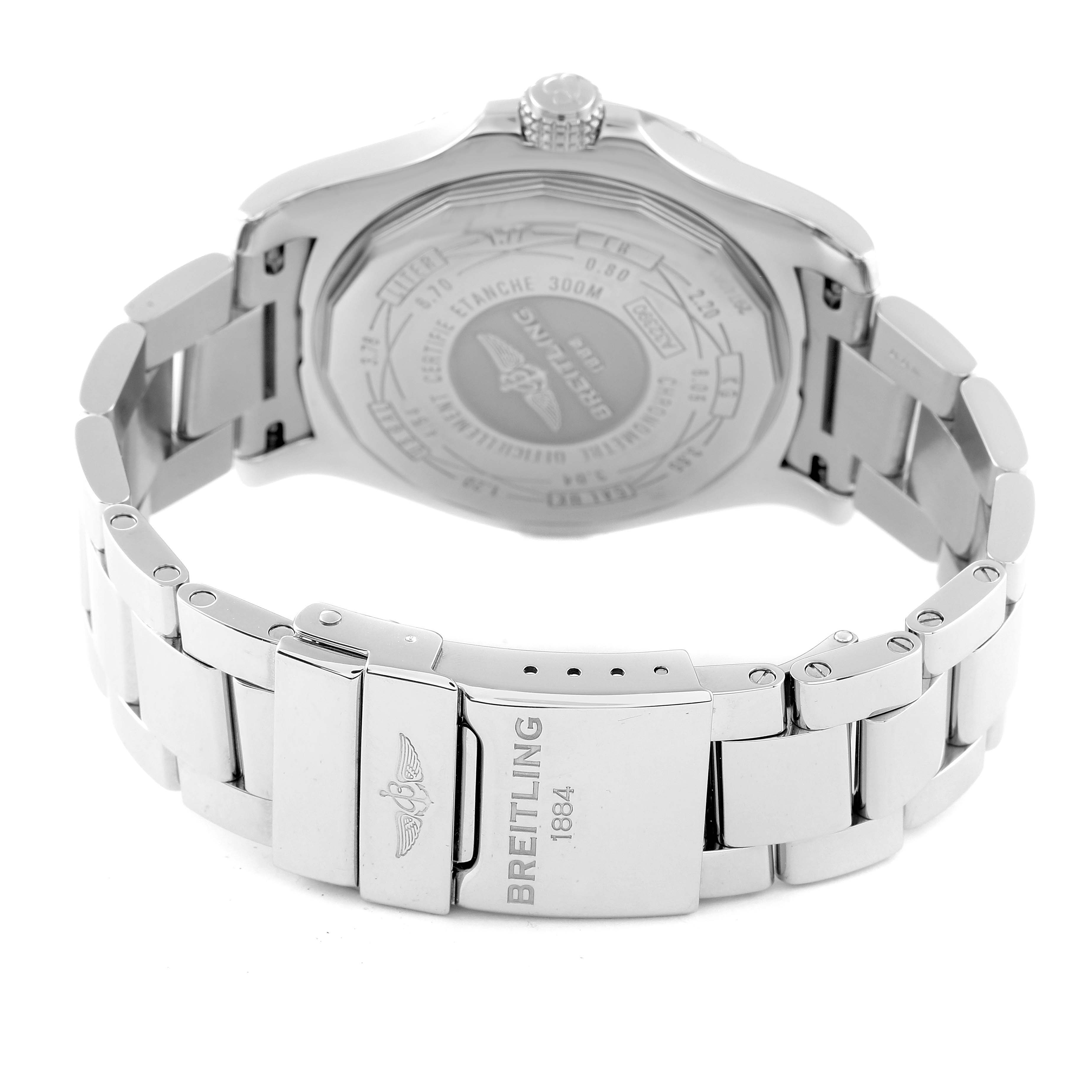 The image shows the back of a Breitling Avenger A3239011/C930 Men's Stainless Steel Mother of Pearl Dial A3239011/C930 Men's Stainless Steel Mother of Pearl Dial watch, focused on the clasp and bracelet.