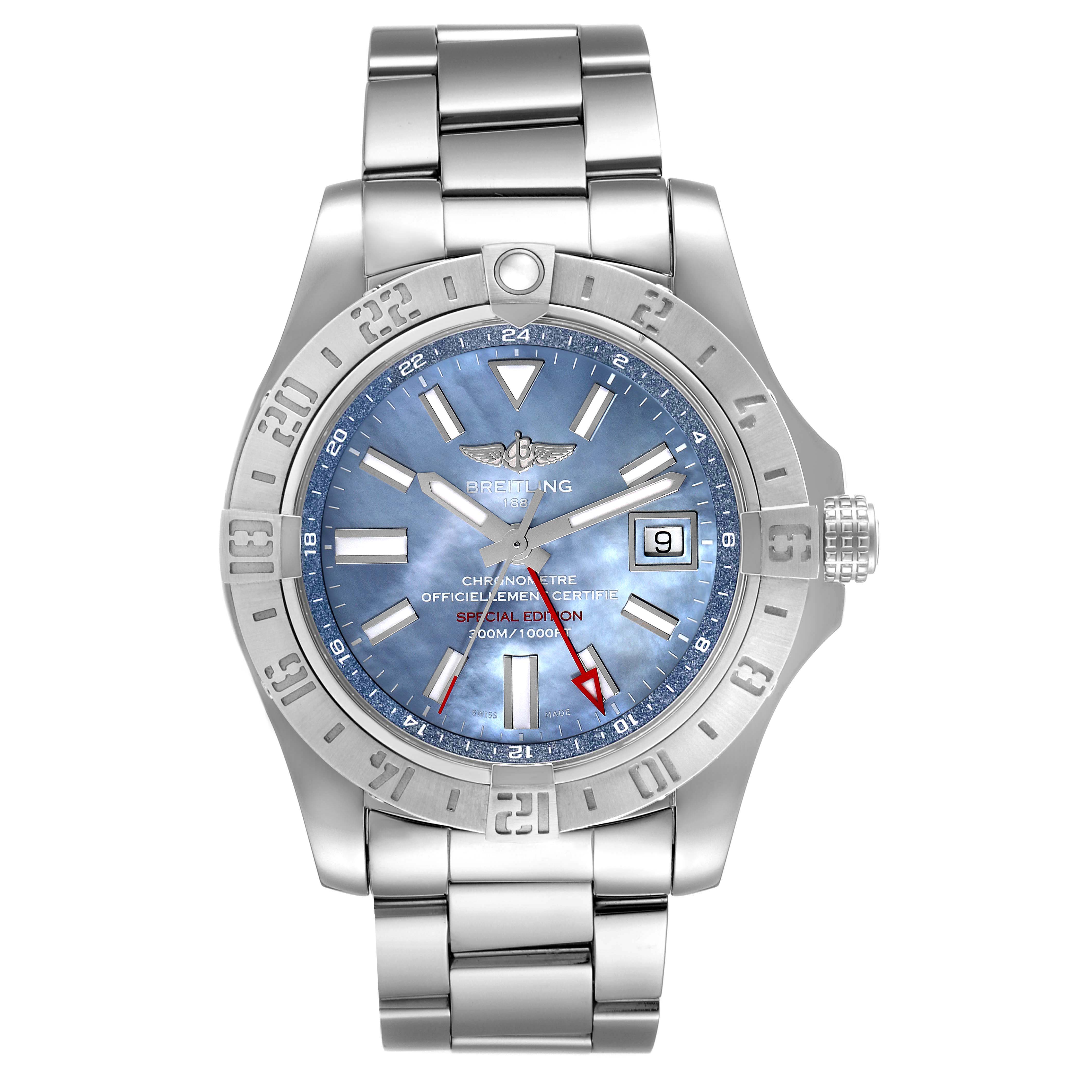 The image shows a front view of the Breitling Avenger A3239011/C930 Men's Stainless Steel Mother of Pearl Dial A3239011/C930 Men's Stainless Steel Mother of Pearl Dial watch, displaying the face, bezel, crown, and metal bracelet.