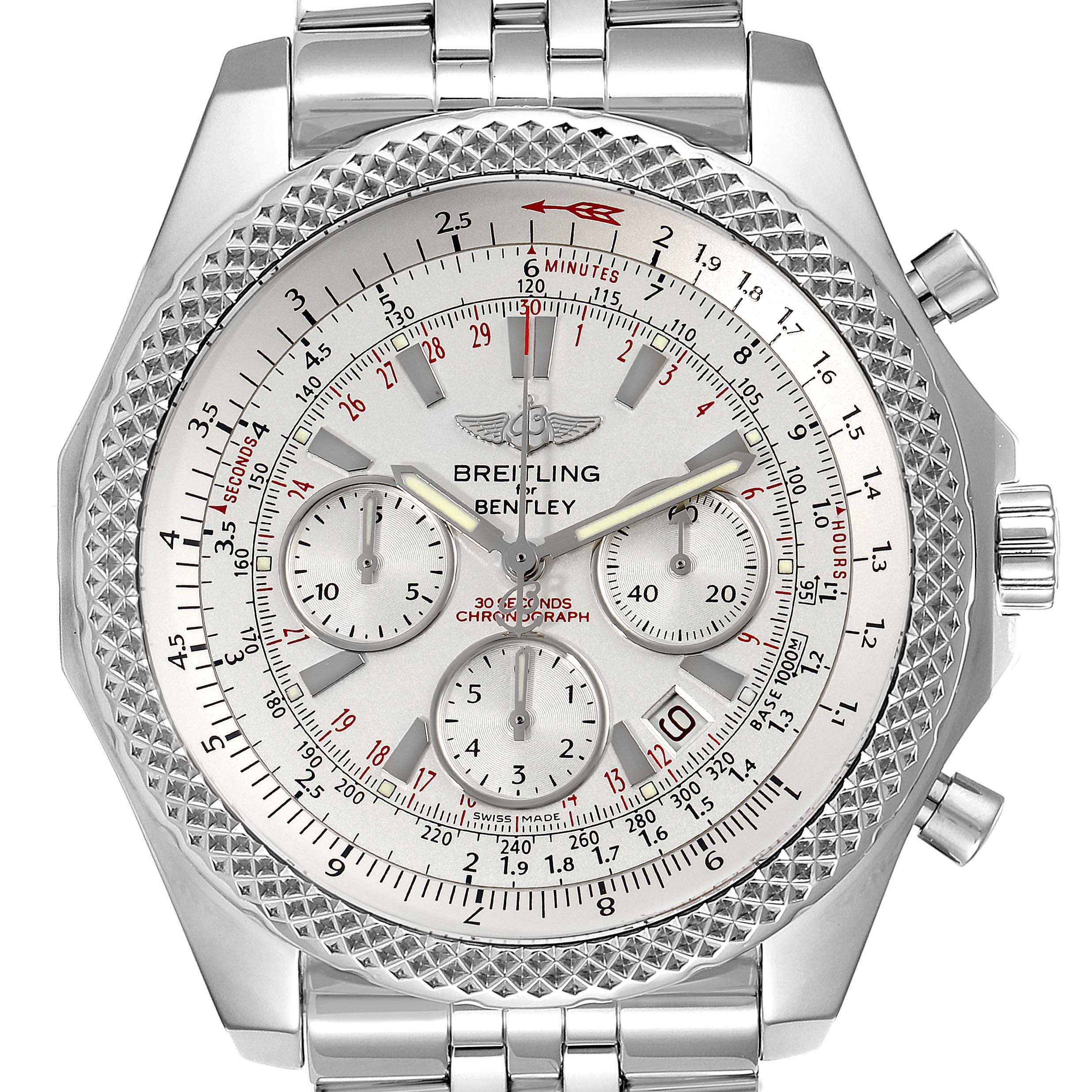 This image shows a front view of the Breitling Bentley A25364 Men's Stainless Steel Silver Dial A25364 Men's Stainless Steel Silver Dial model watch, highlighting the detailed face, bezel, and bracelet.