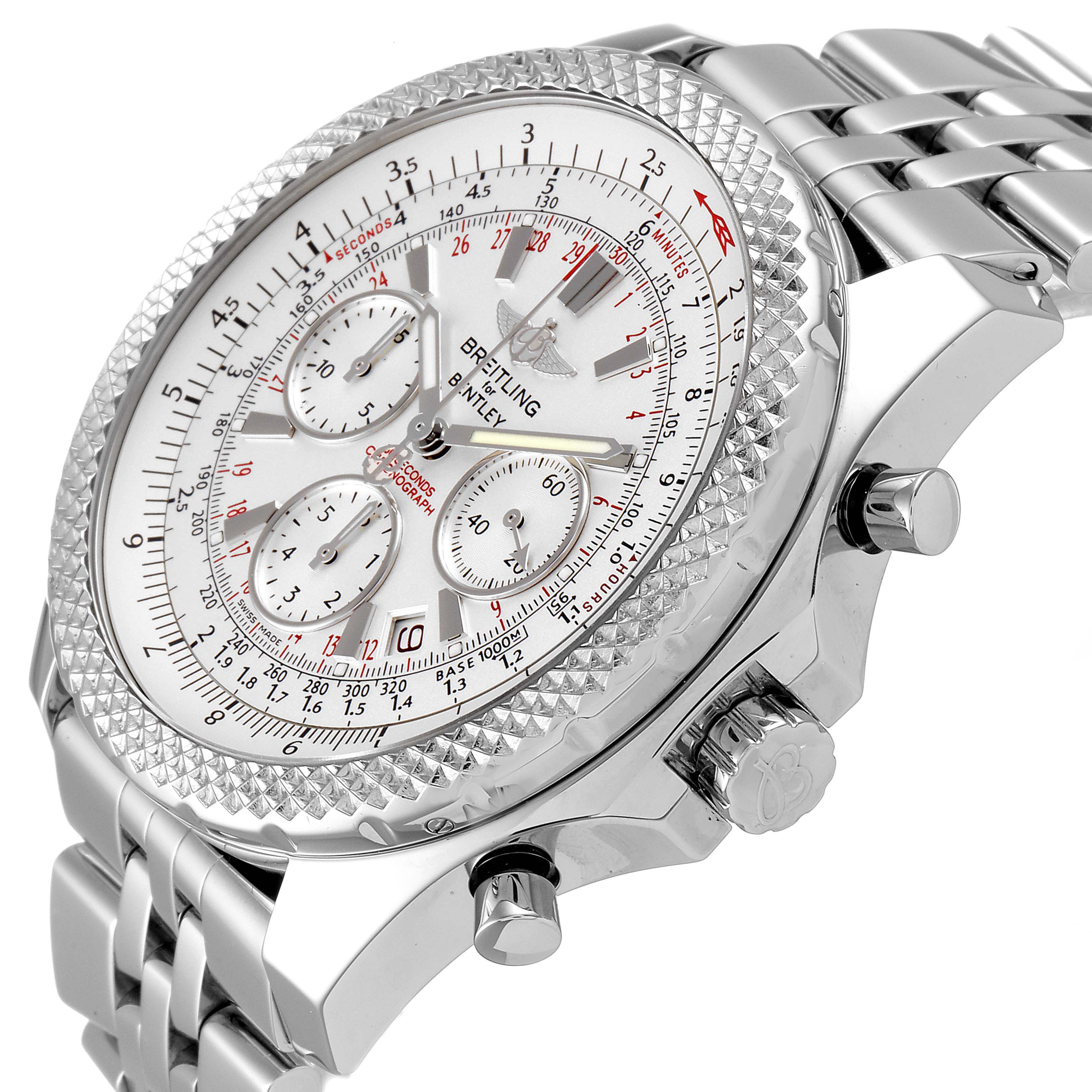 The image shows a close-up angle of the Breitling Bentley A25364 Men's Stainless Steel Silver Dial A25364 Men's Stainless Steel Silver Dial watch, highlighting its face, bezel, and side buttons.