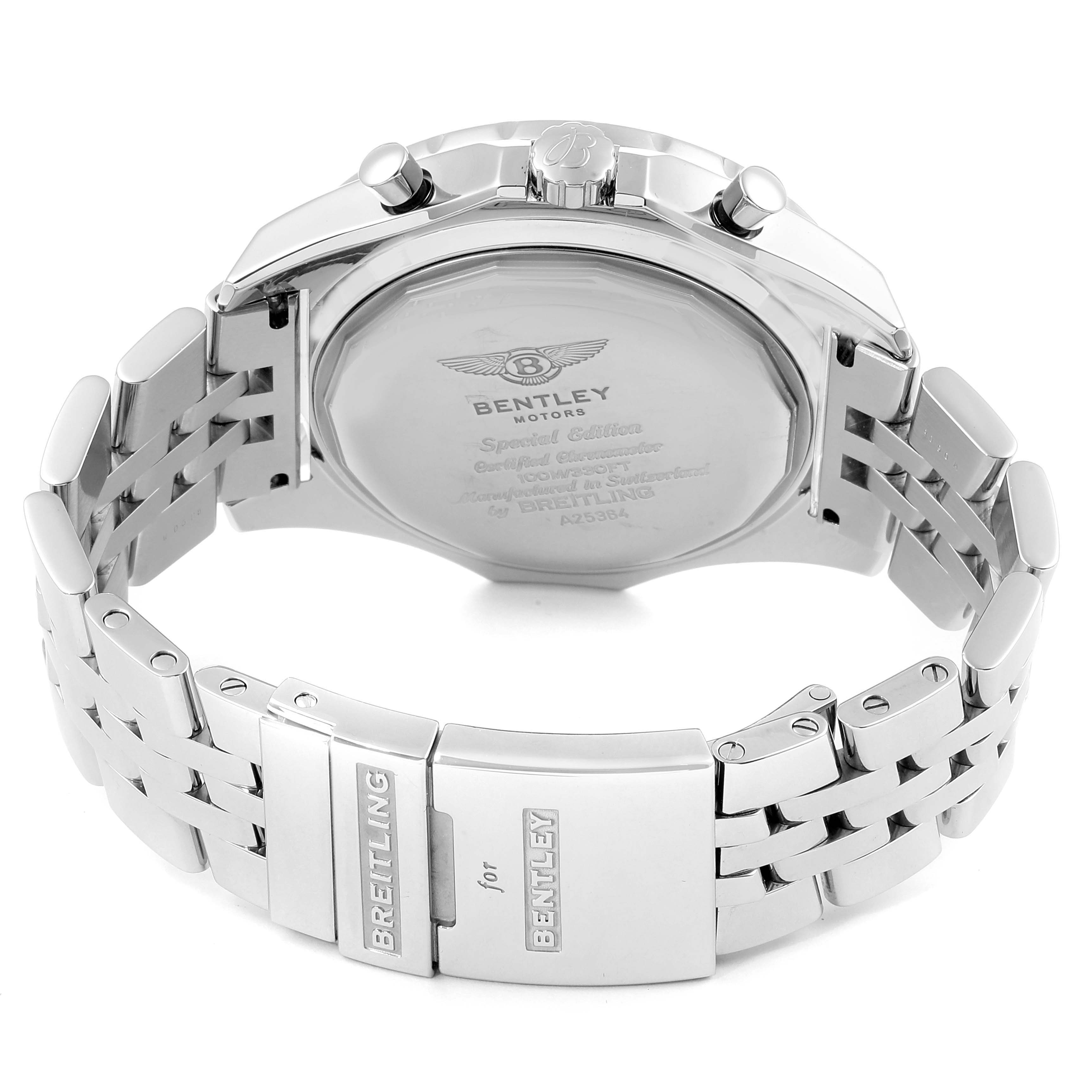 The image shows the back case, bracelet, and clasp of a Breitling Bentley A25364 Men's Stainless Steel Silver Dial A25364 Men's Stainless Steel Silver Dial watch, angled from behind.
