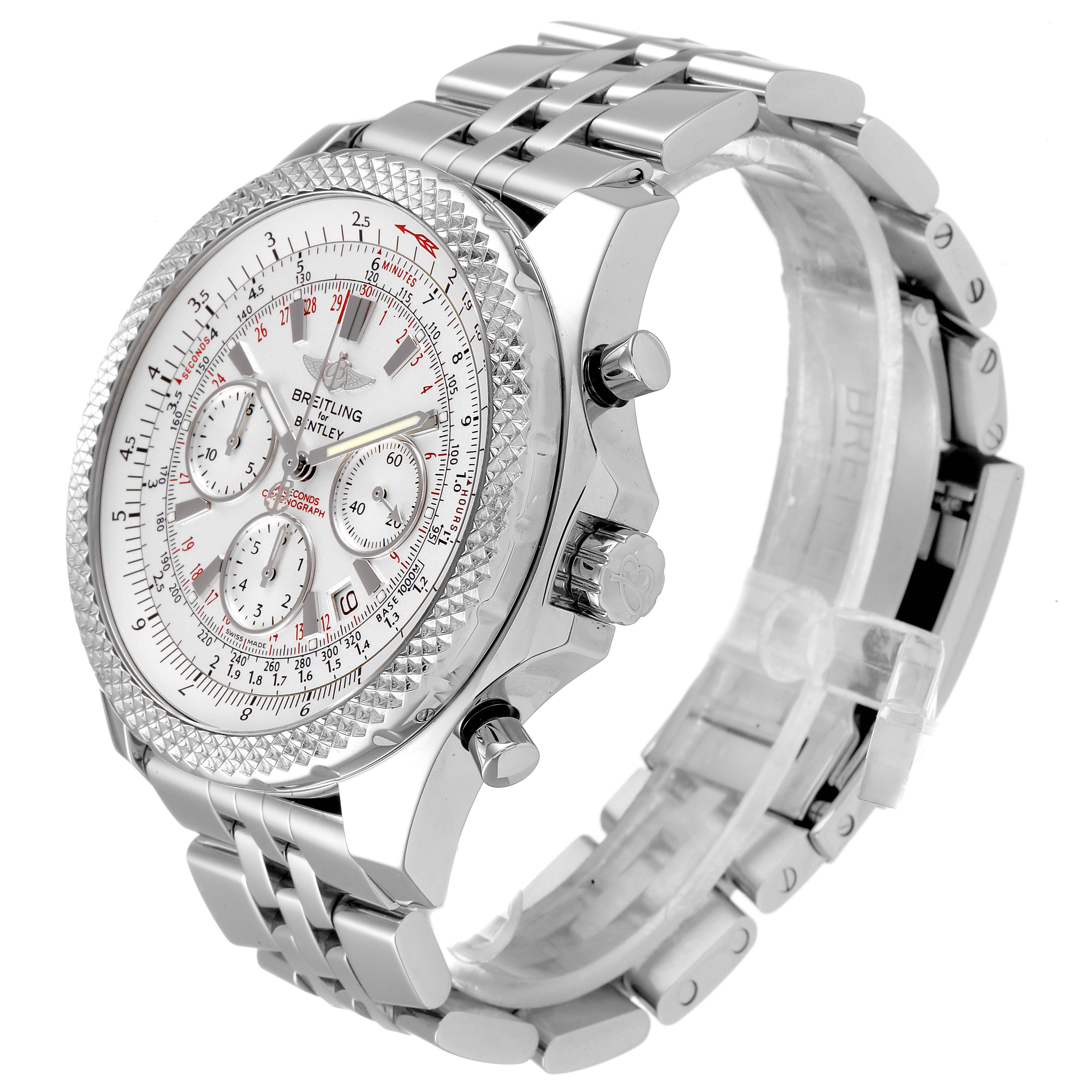 The Breitling Bentley A25364 Men's Stainless Steel Silver Dial A25364 Men's Stainless Steel Silver Dial watch is shown at a three-quarter angle, highlighting the face, bezel, crown, pushers, and metal bracelet.