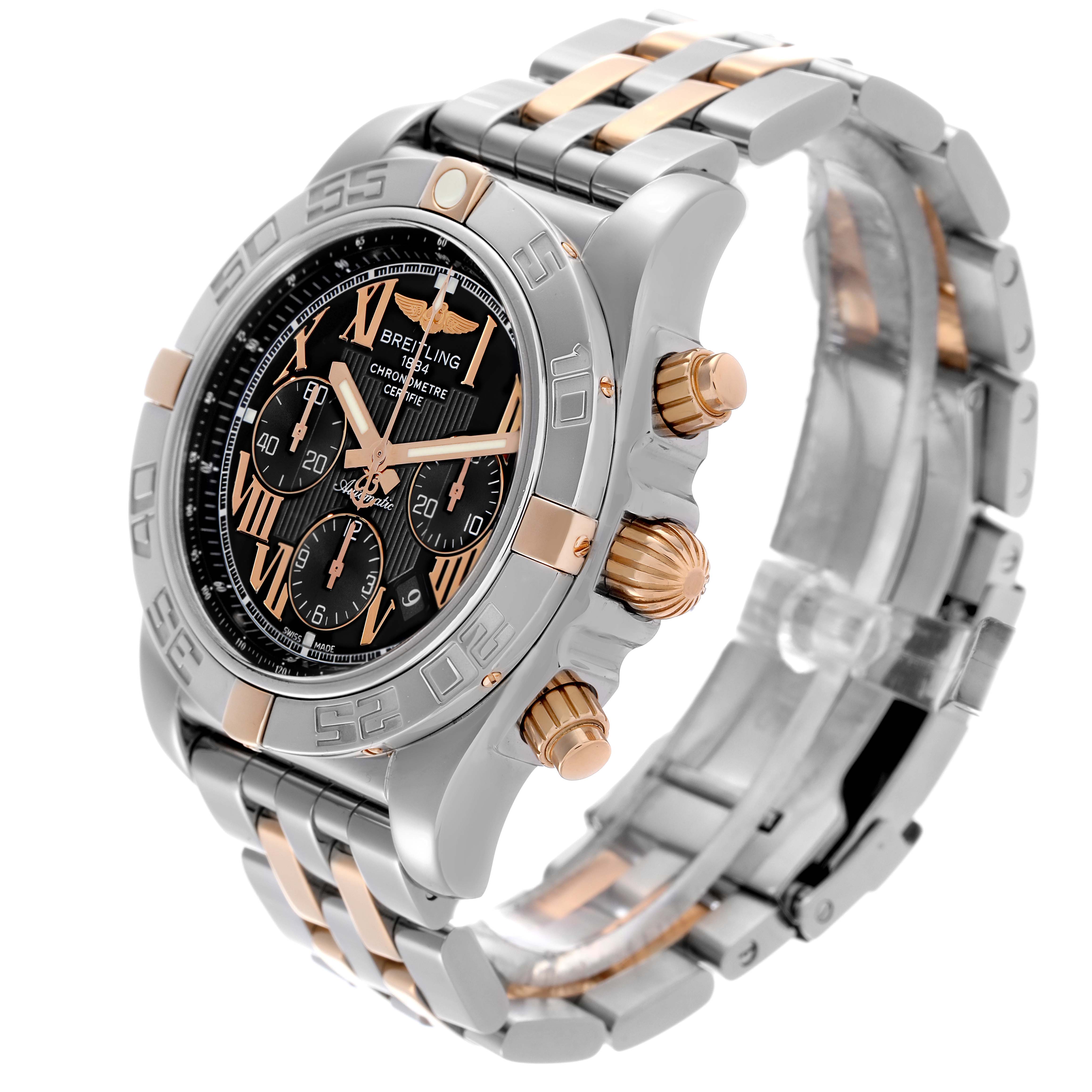 The Breitling Chronomat IB0110 Men's Steel and Gold (two tone) Black Dial IB0110 Men's Steel and Gold (two tone) Black Dial model is shown at a three-quarter angle, highlighting the bezel, dial, crown, and bracelet links.