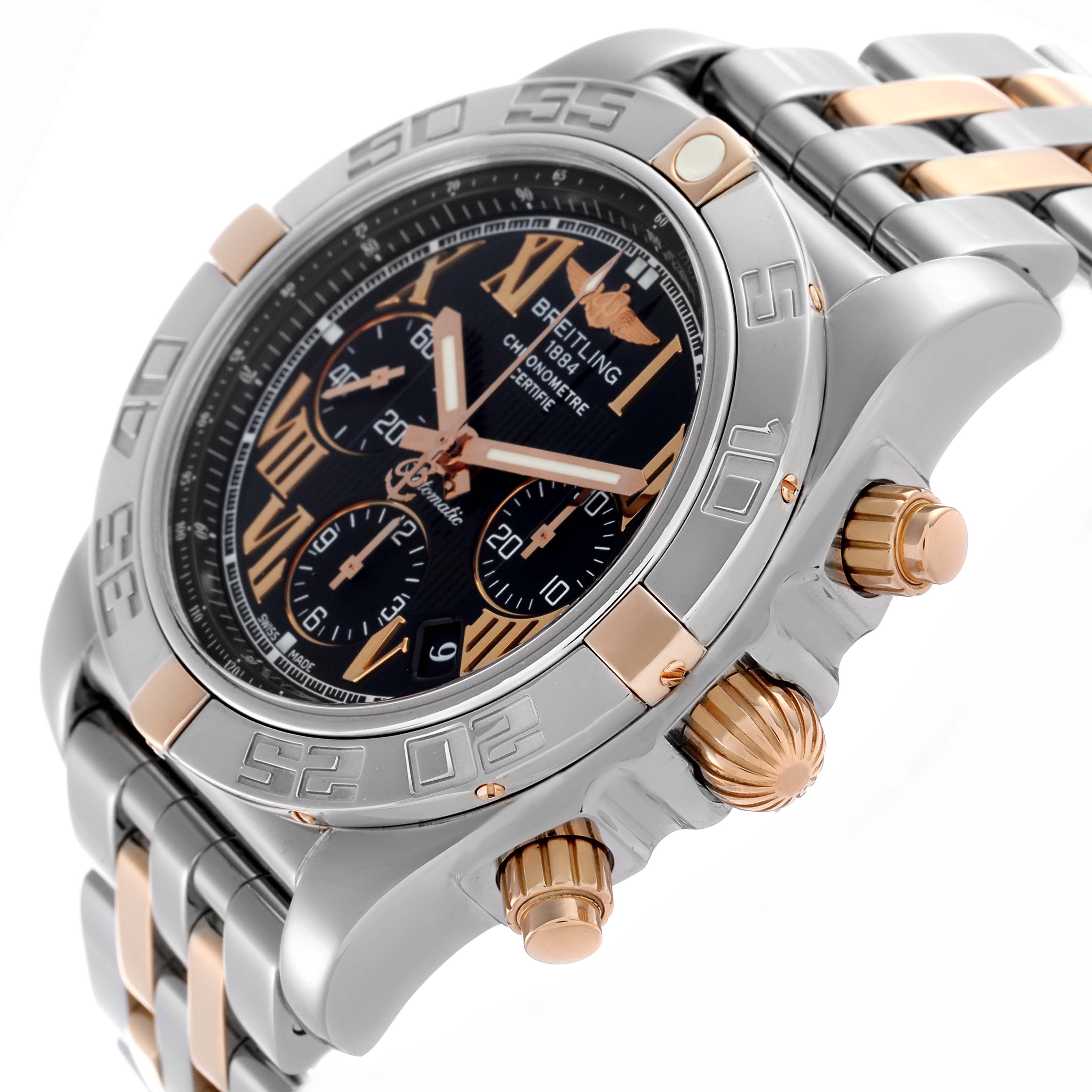 The Breitling Chronomat IB0110 Men's Steel and Gold (two tone) Black Dial IB0110 Men's Steel and Gold (two tone) Black Dial watch is shown at a slight angle, highlighting the bezel, crown, pushers, and part of the bracelet.