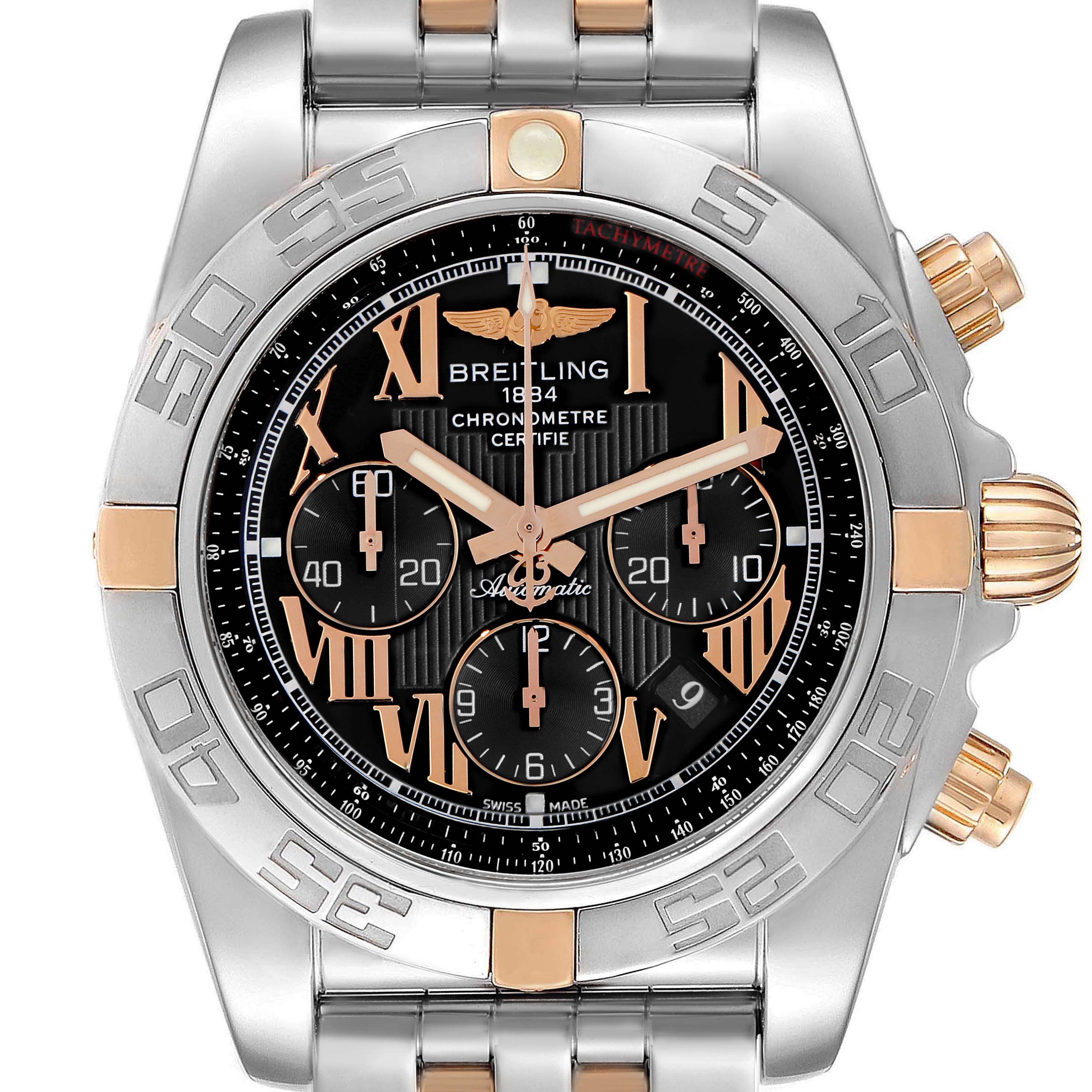 The Breitling Chronomat IB0110 Men's Steel and Gold (two tone) Black Dial IB0110 Men's Steel and Gold (two tone) Black Dial watch is shown from a front angle, highlighting the dial, bezel, and part of the bracelet.