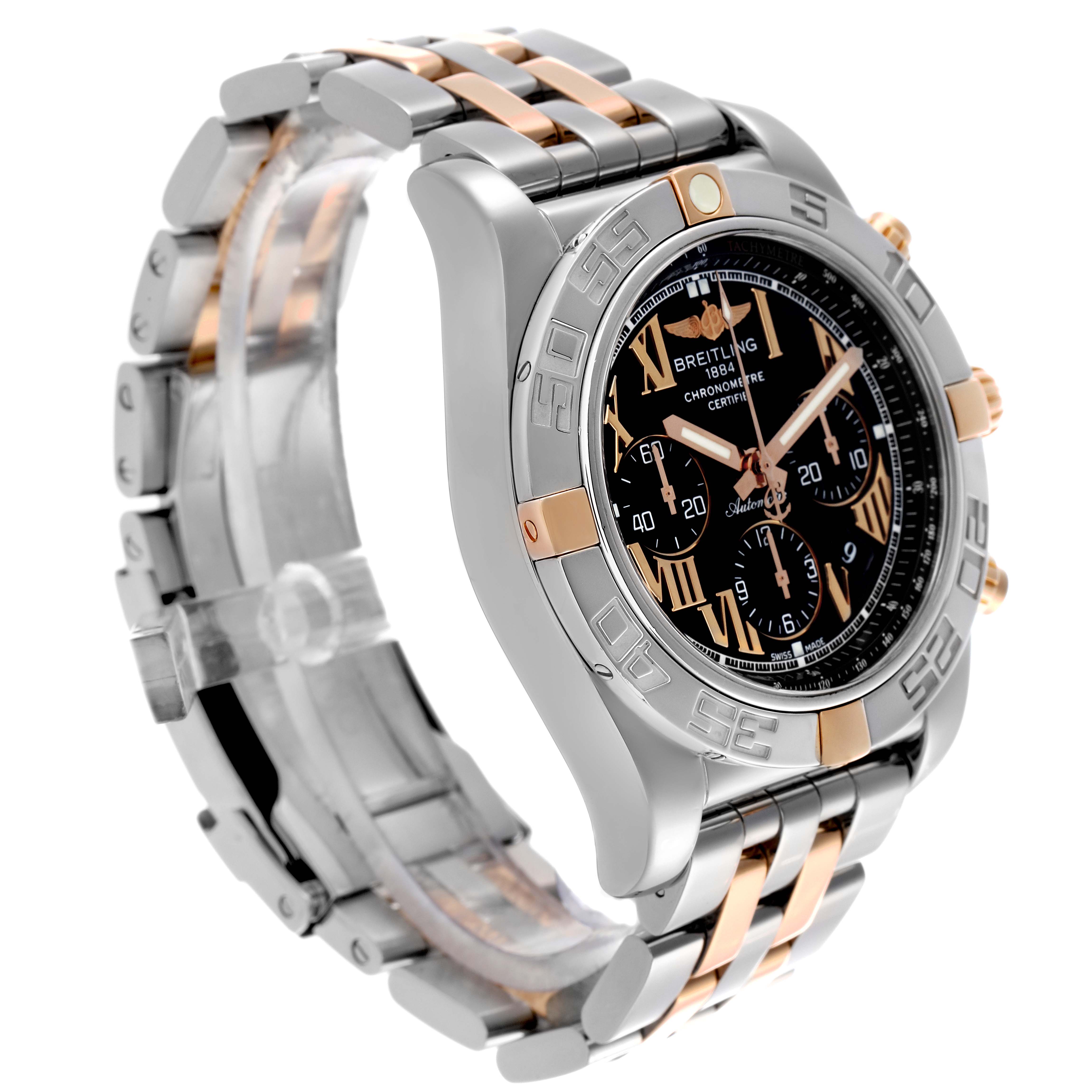 The image shows a Breitling Chronomat IB0110 Men's Steel and Gold (two tone) Black Dial IB0110 Men's Steel and Gold (two tone) Black Dial watch at a three-quarter angle, highlighting the bezel, dial, and metal bracelet.