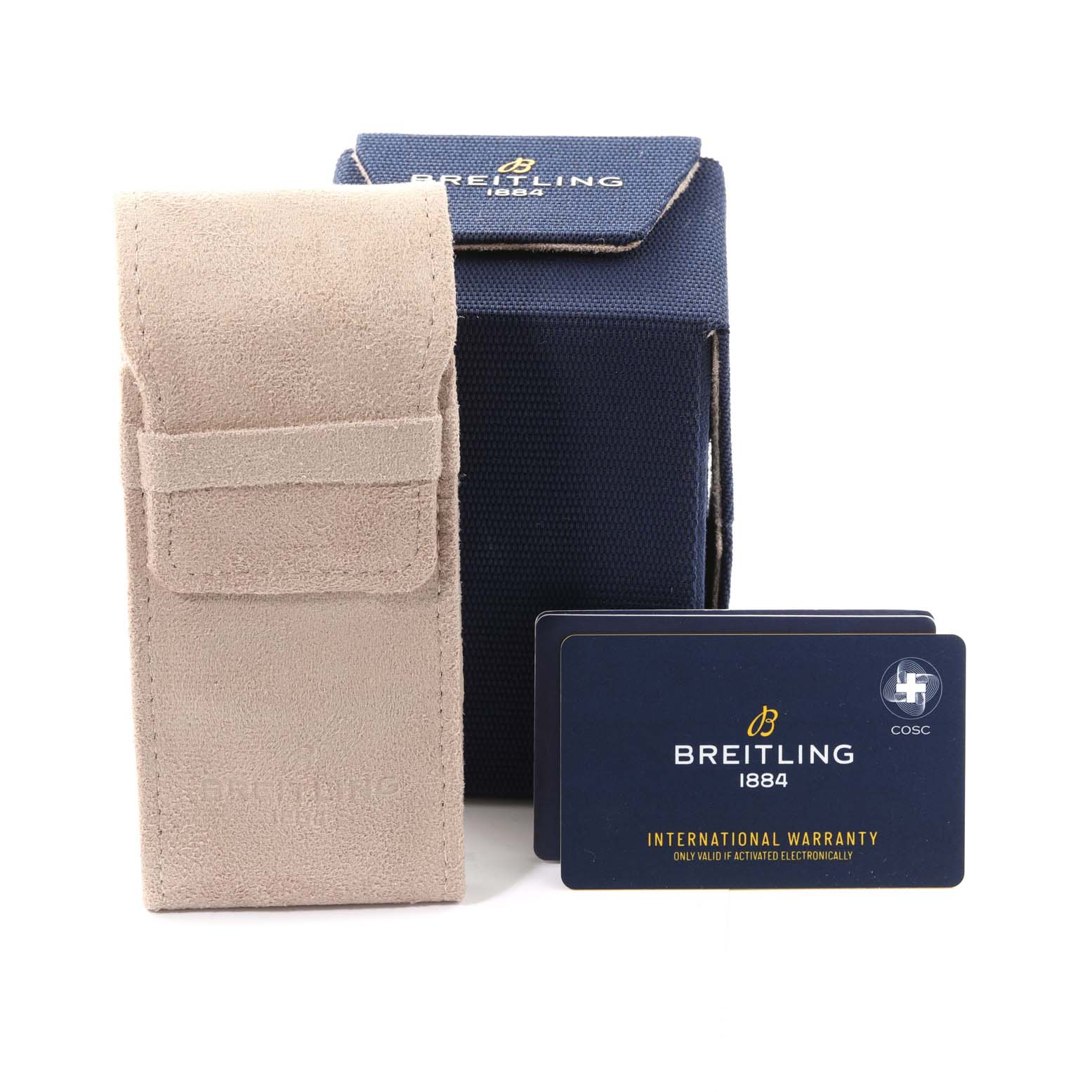 This image shows accessories of a Breitling Colt A13388 Men
s Stainless Steel White Dial A13388 Men
s Stainless Steel White Dial watch, including a suede case, a box, and an international warranty card.