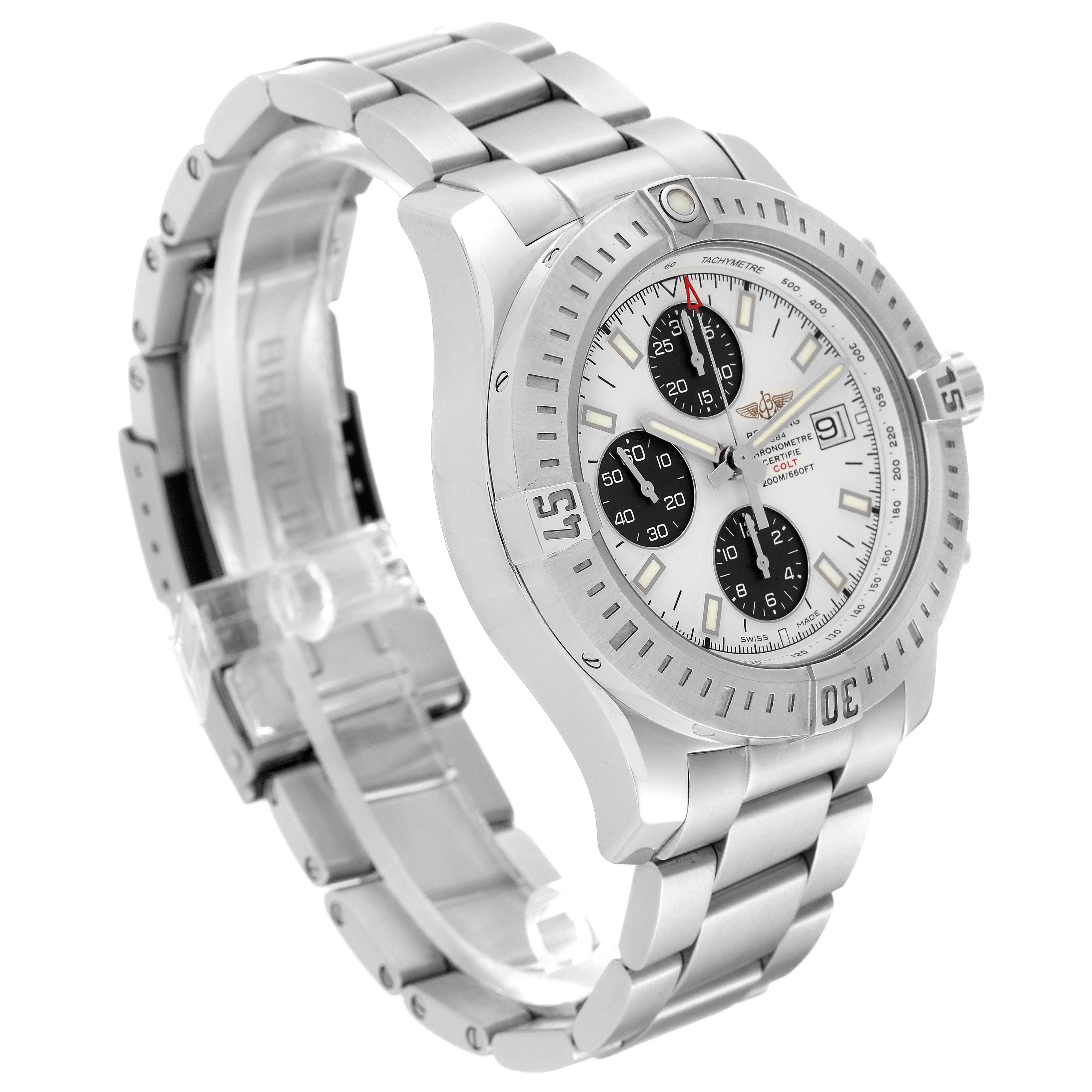 The image shows a Breitling Colt A13388 Men
s Stainless Steel White Dial A13388 Men
s Stainless Steel White Dial watch at a three-quarter angle, highlighting the silver bracelet, bezel, and white dial with chronograph sub-dials.