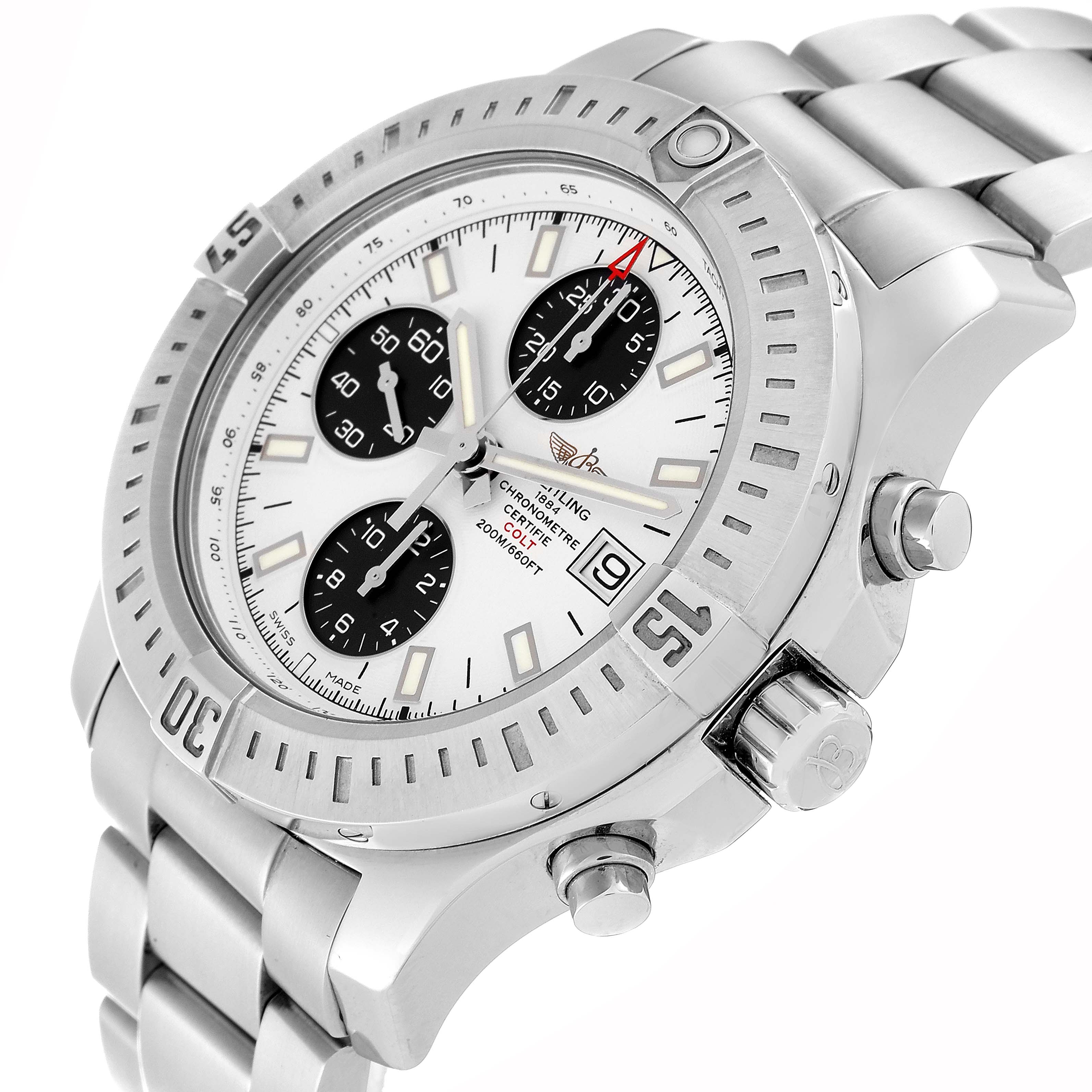 The image shows a Colt model by Breitling at a three-quarter angle highlighting the face, bezel, and metal bracelet.