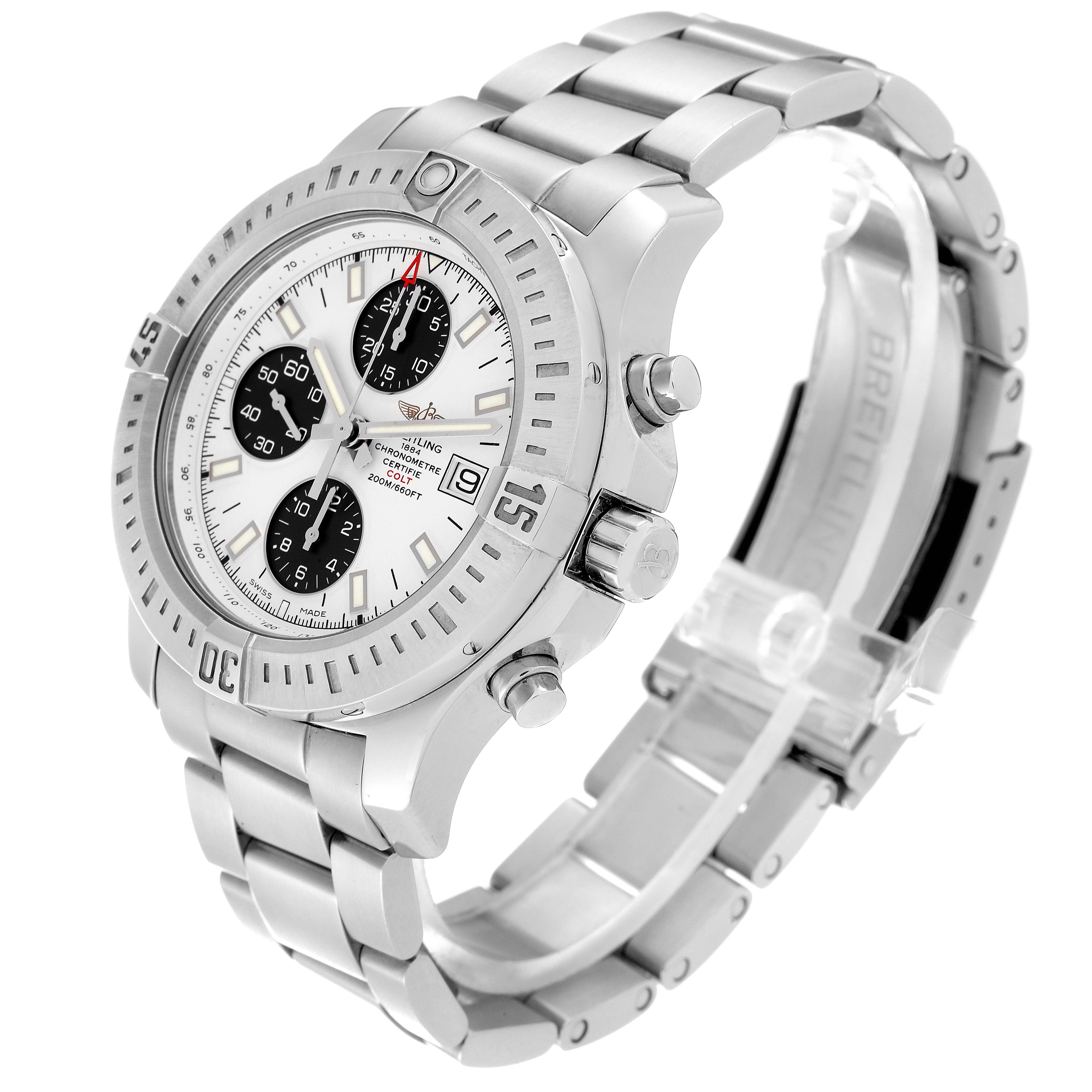 The Breitling Colt A13388 Men
s Stainless Steel White Dial A13388 Men
s Stainless Steel White Dial watch is shown at a three-quarter angle, displaying its face, bezel, crown, pushers, and metal bracelet.