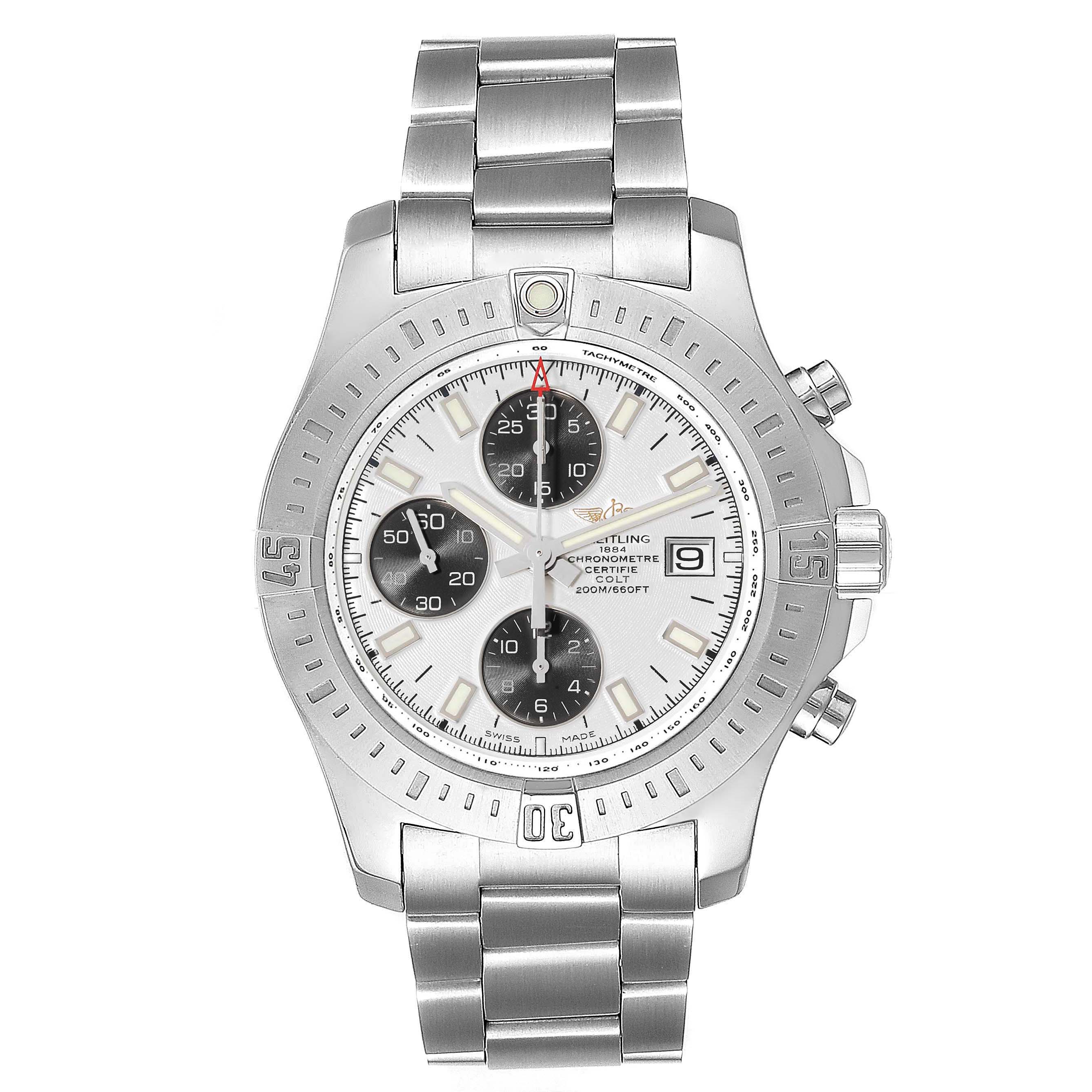 This image shows a Breitling Colt A13388 Men
s Stainless Steel White Dial A13388 Men
s Stainless Steel White Dial watch from the front, featuring the dial, bezel, and stainless steel bracelet.
