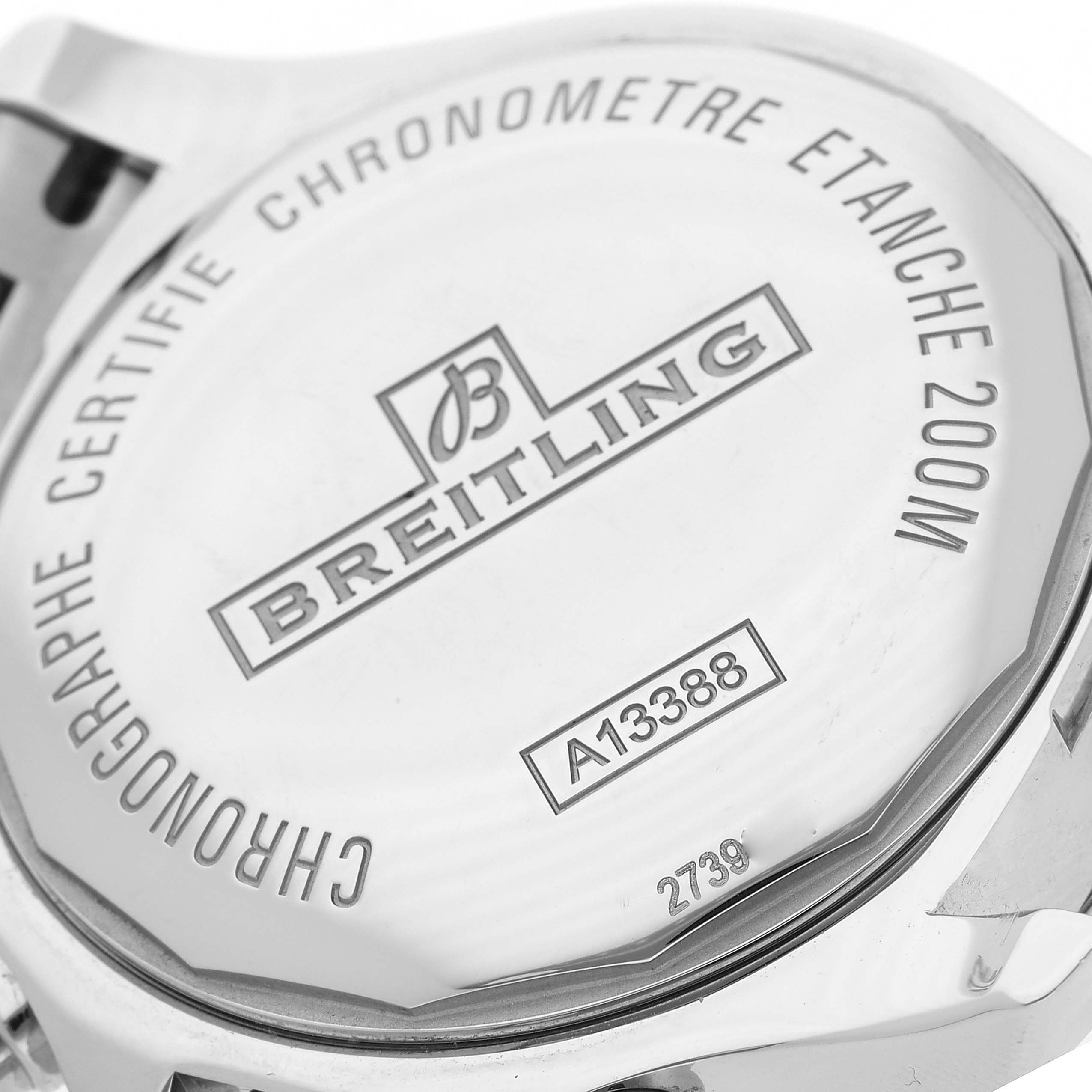 This image shows the back case of the Breitling Colt A13388 Men
s Stainless Steel White Dial A13388 Men
s Stainless Steel White Dial watch, highlighting the brand name, model number, and water resistance information.