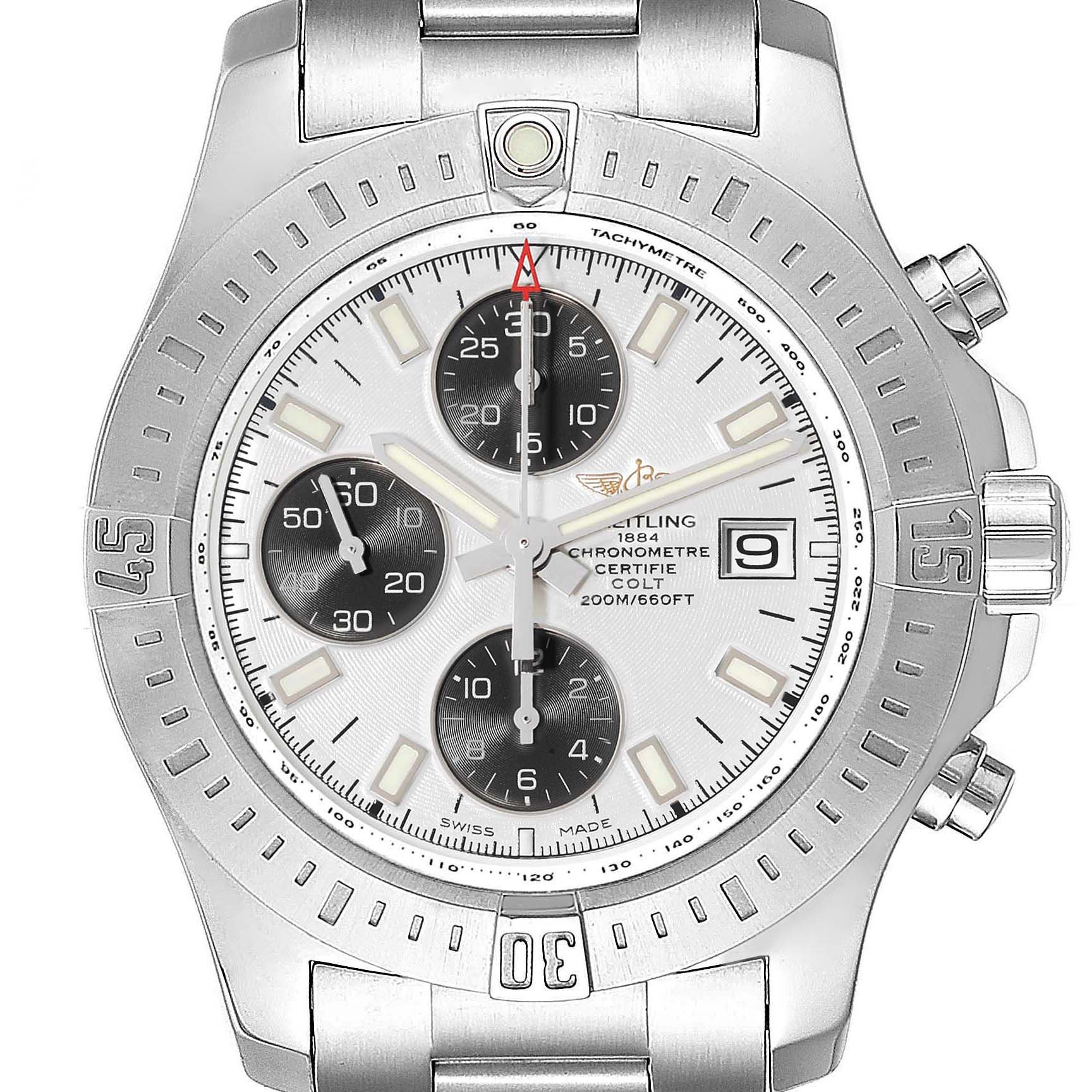 The image shows a front view of the Breitling Colt A13388 Men
s Stainless Steel White Dial A13388 Men
s Stainless Steel White Dial watch, displaying its bezel, dial, chronograph subdials, and date window.