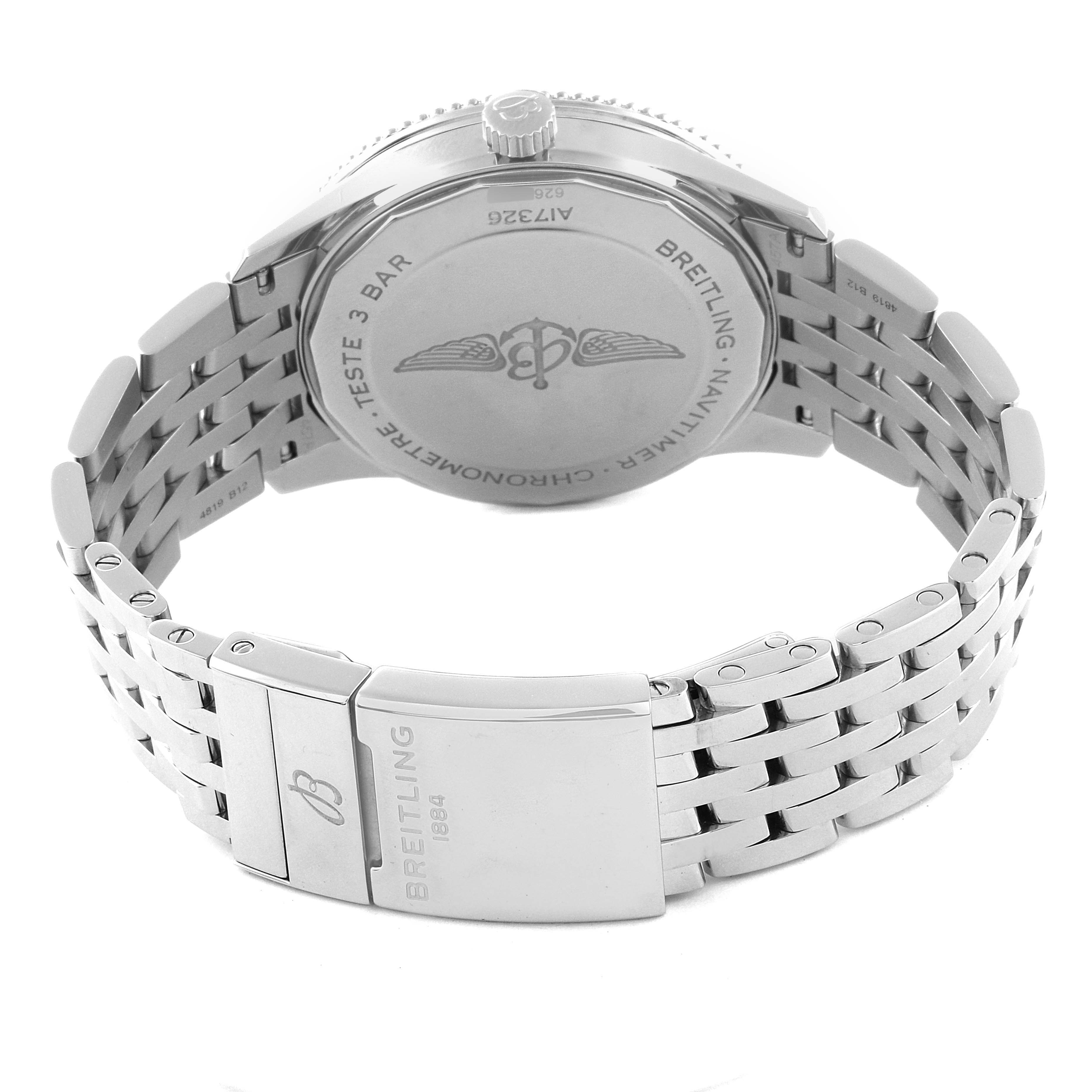 The image shows the backside and clasp of a Breitling Navitimer A17326 Men's Stainless Steel Silver Dial A17326 Men's Stainless Steel Silver Dial watch.