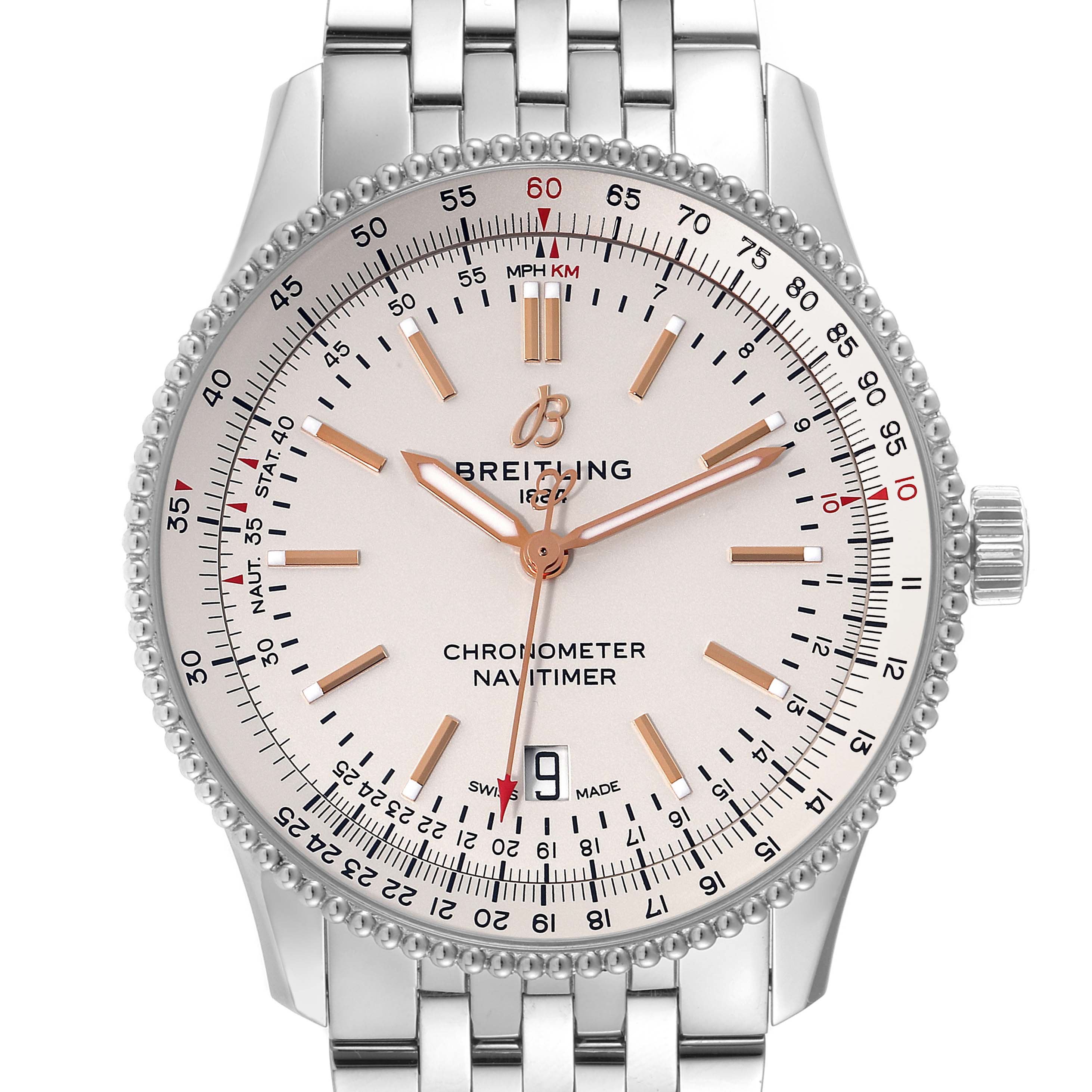 This image shows a close-up view of the Breitling Navitimer A17326 Men's Stainless Steel Silver Dial A17326 Men's Stainless Steel Silver Dial watch, clearly displaying its dial, hands, date window, and part of the bracelet.