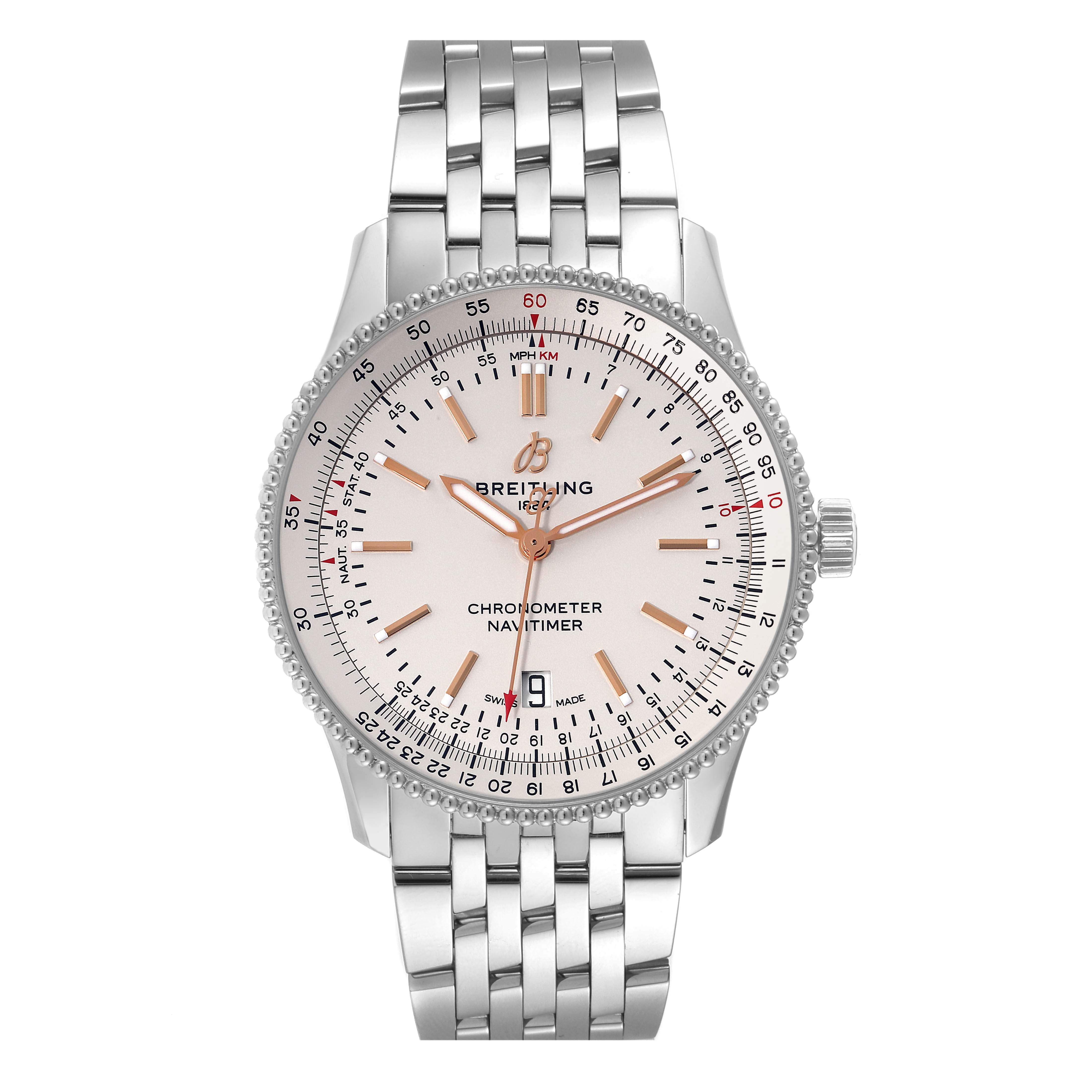 The image shows a front view of the Breitling Navitimer A17326 Men's Stainless Steel Silver Dial A17326 Men's Stainless Steel Silver Dial watch, displaying its face, bezel, and metal bracelet.