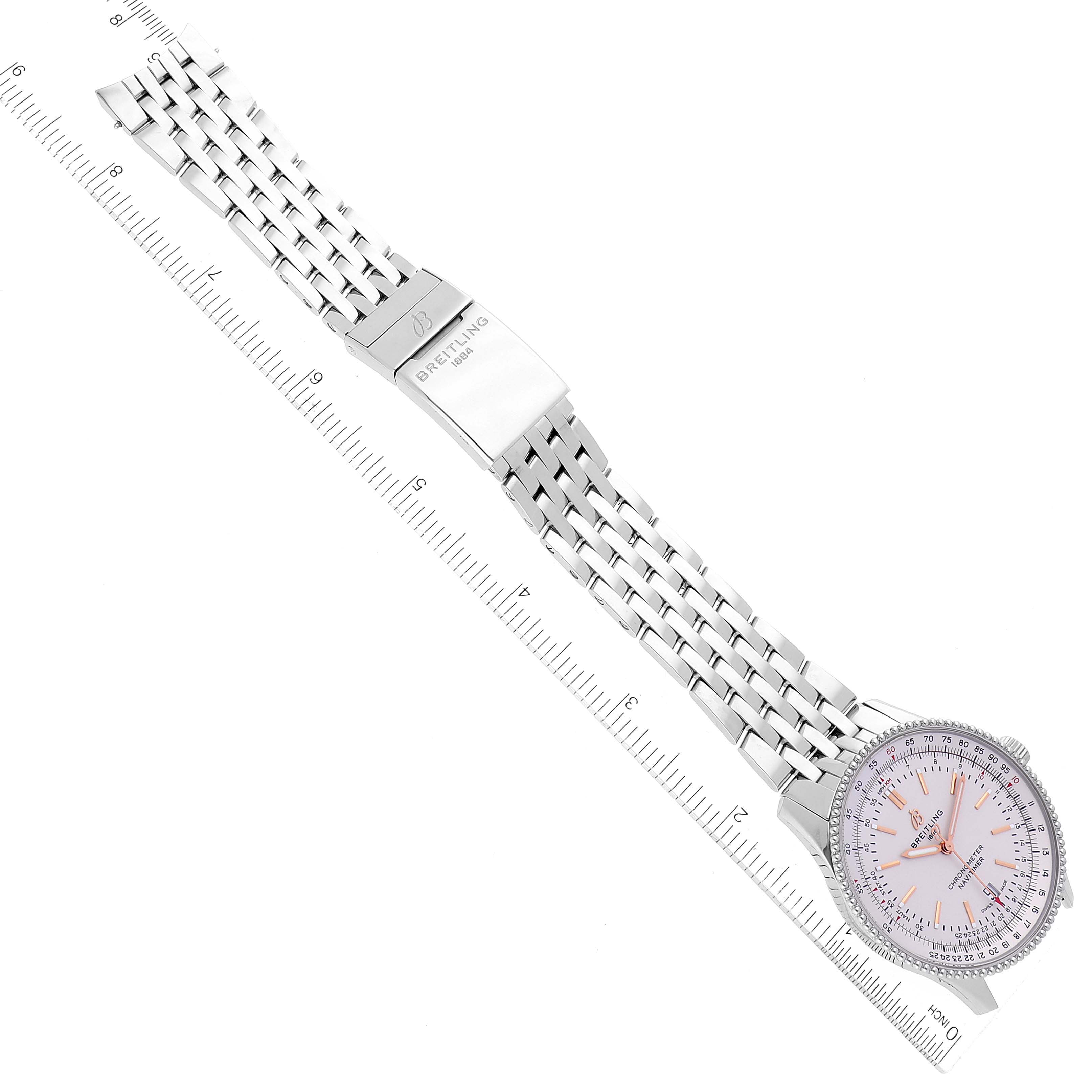 The image shows a Breitling Navitimer A17326 Men's Stainless Steel Silver Dial A17326 Men's Stainless Steel Silver Dial watch, displayed flat and horizontally, highlighting the dial, bracelet, and clasp.