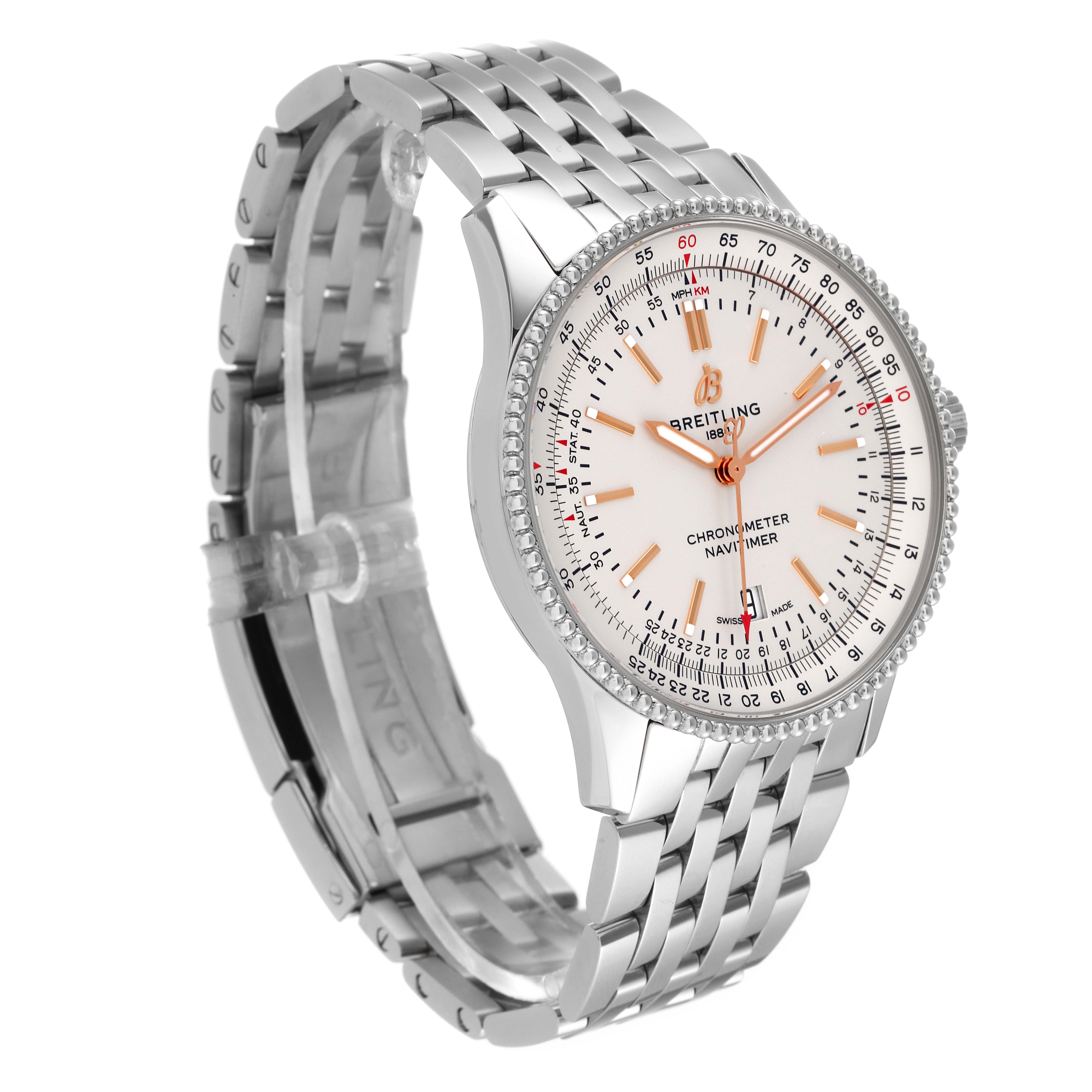 The Breitling Navitimer A17326 Men's Stainless Steel Silver Dial A17326 Men's Stainless Steel Silver Dial watch is shown at a three-quarter angle, displaying its dial, bezel, and metal bracelet.