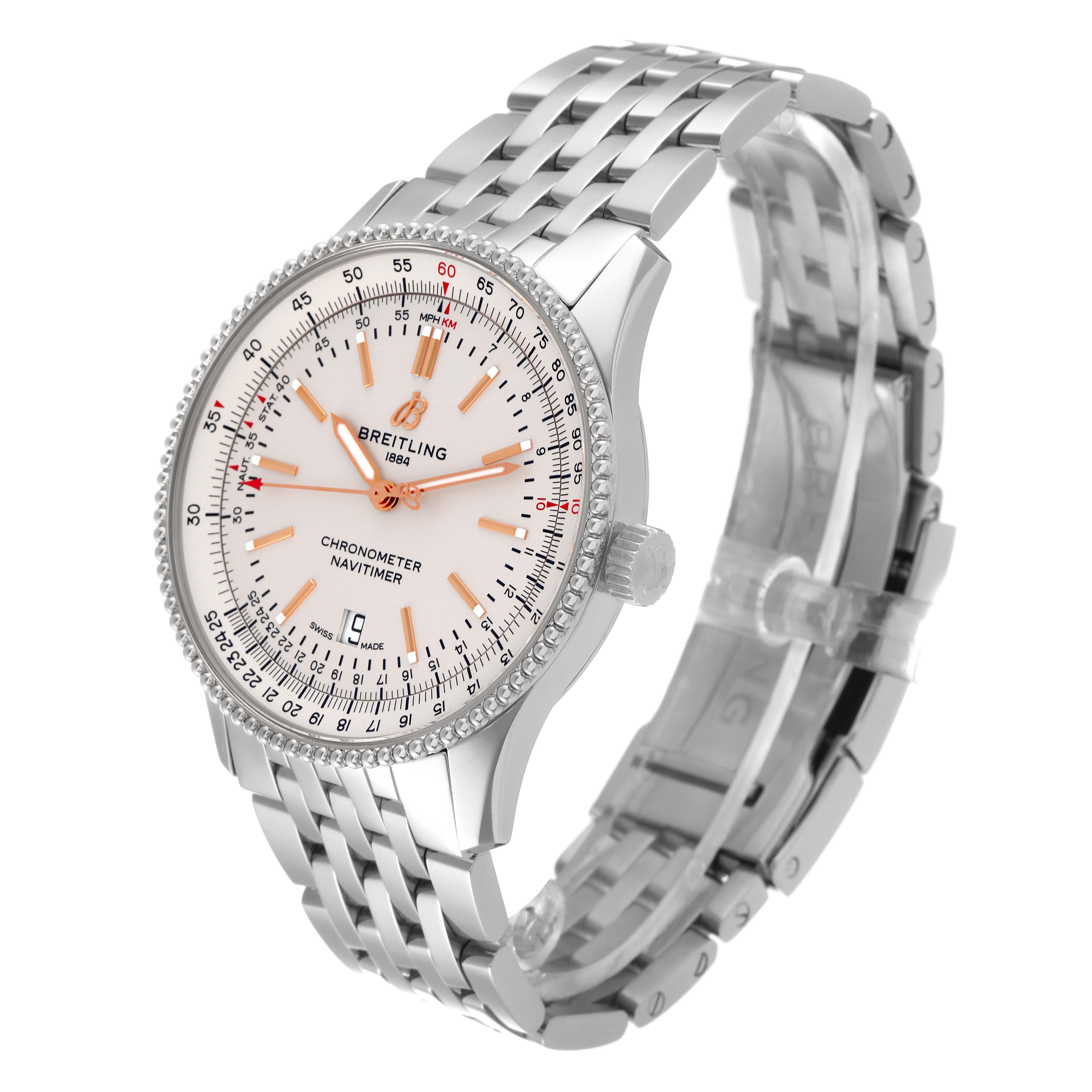 The image shows a Breitling Navitimer A17326 Men's Stainless Steel Silver Dial A17326 Men's Stainless Steel Silver Dial watch at a slight side angle, highlighting the face, bezel, crown, and bracelet.