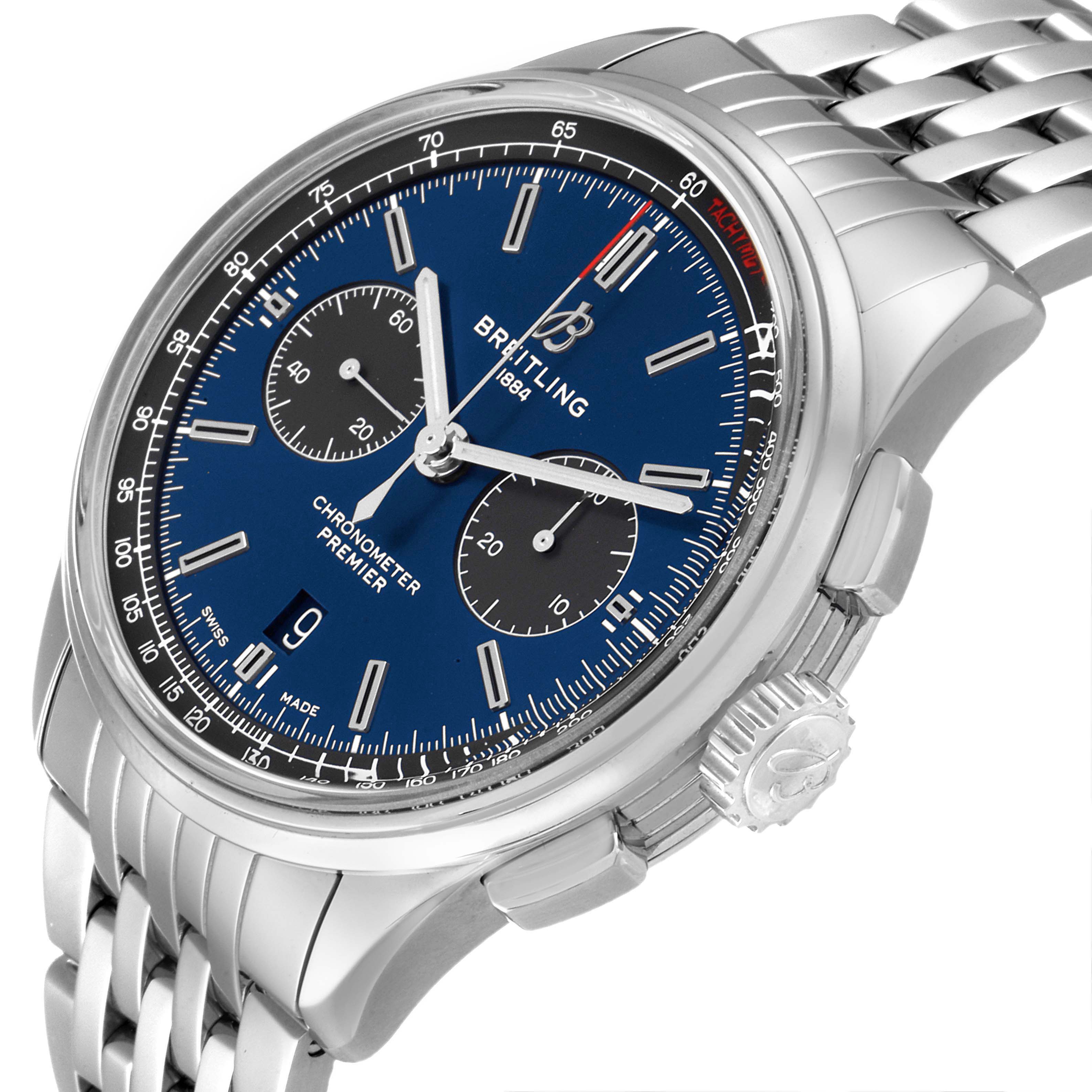 The image shows a Breitling Premier AB0118 Men's Stainless Steel Blue Dial AB0118 Men's Stainless Steel Blue Dial model watch at an angled close-up, displaying its dial, bezel, crown, and metal bracelet.