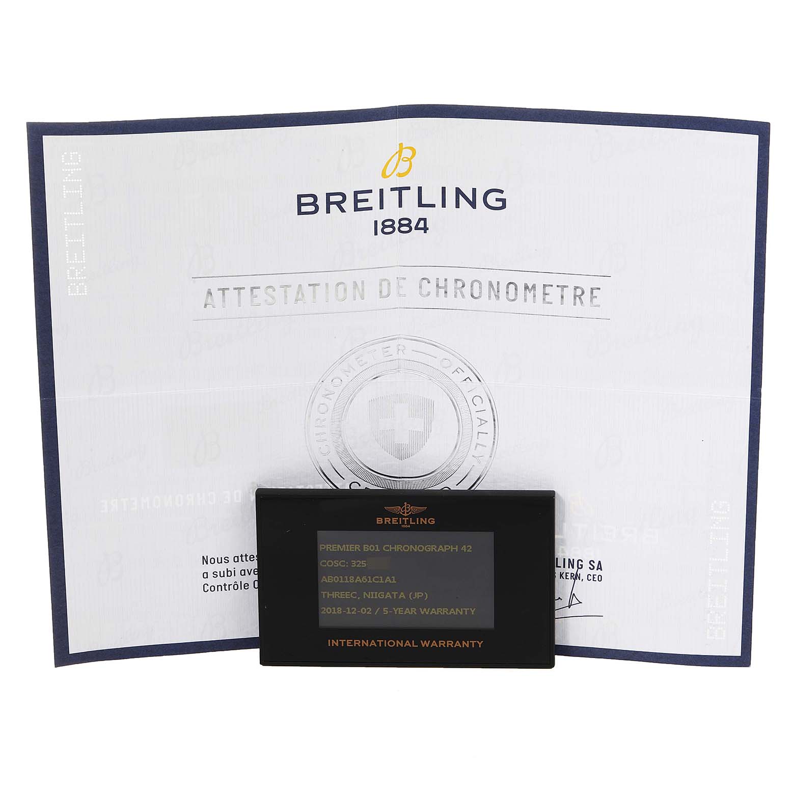 The image shows the warranty card and certification documents for the Breitling Premier AB0118 Men's Stainless Steel Blue Dial AB0118 Men's Stainless Steel Blue Dial B01 Chronograph 42 model.