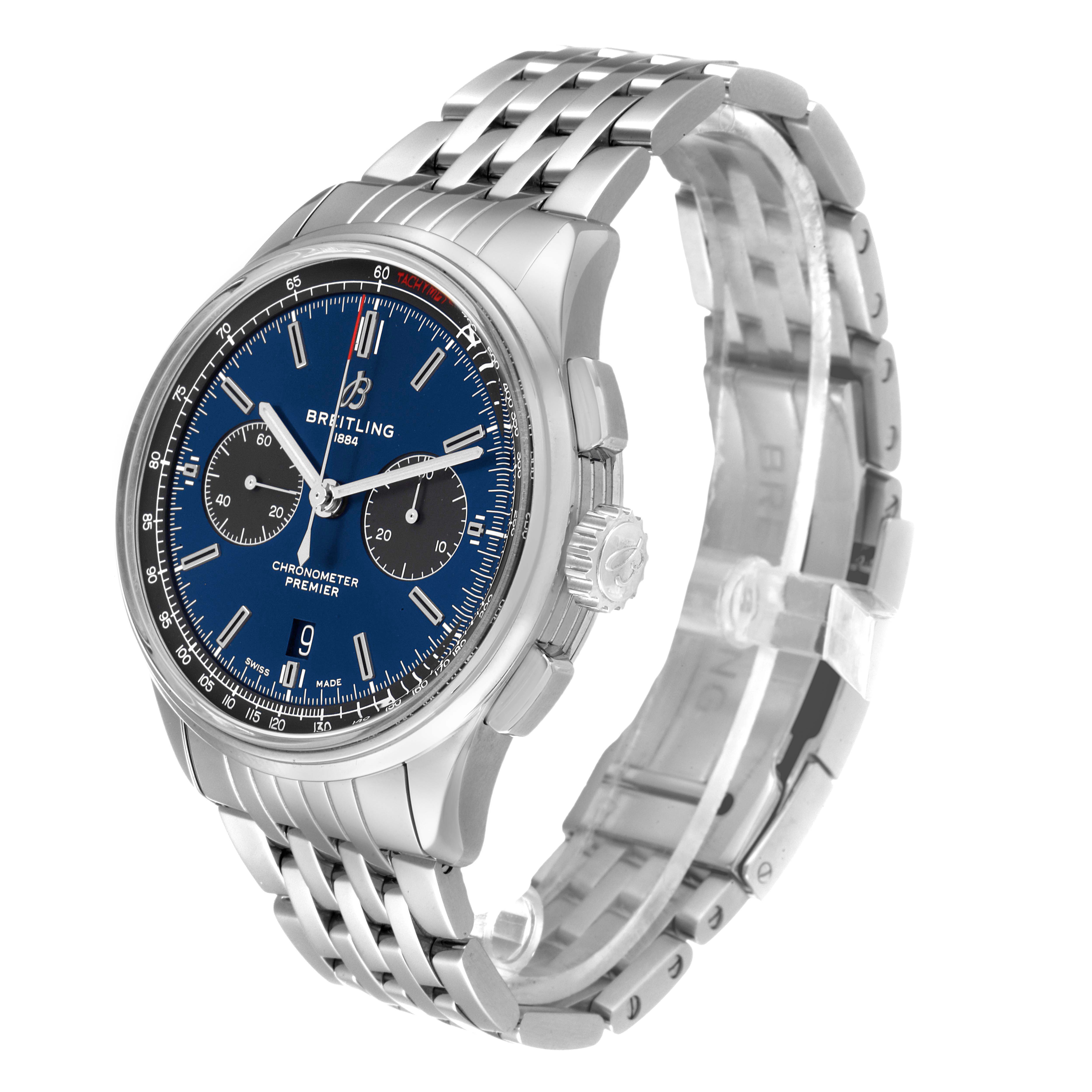 The image shows a Breitling Premier AB0118 Men's Stainless Steel Blue Dial AB0118 Men's Stainless Steel Blue Dial watch at a three-quarter angle, displaying the face, crown, and stainless steel bracelet.