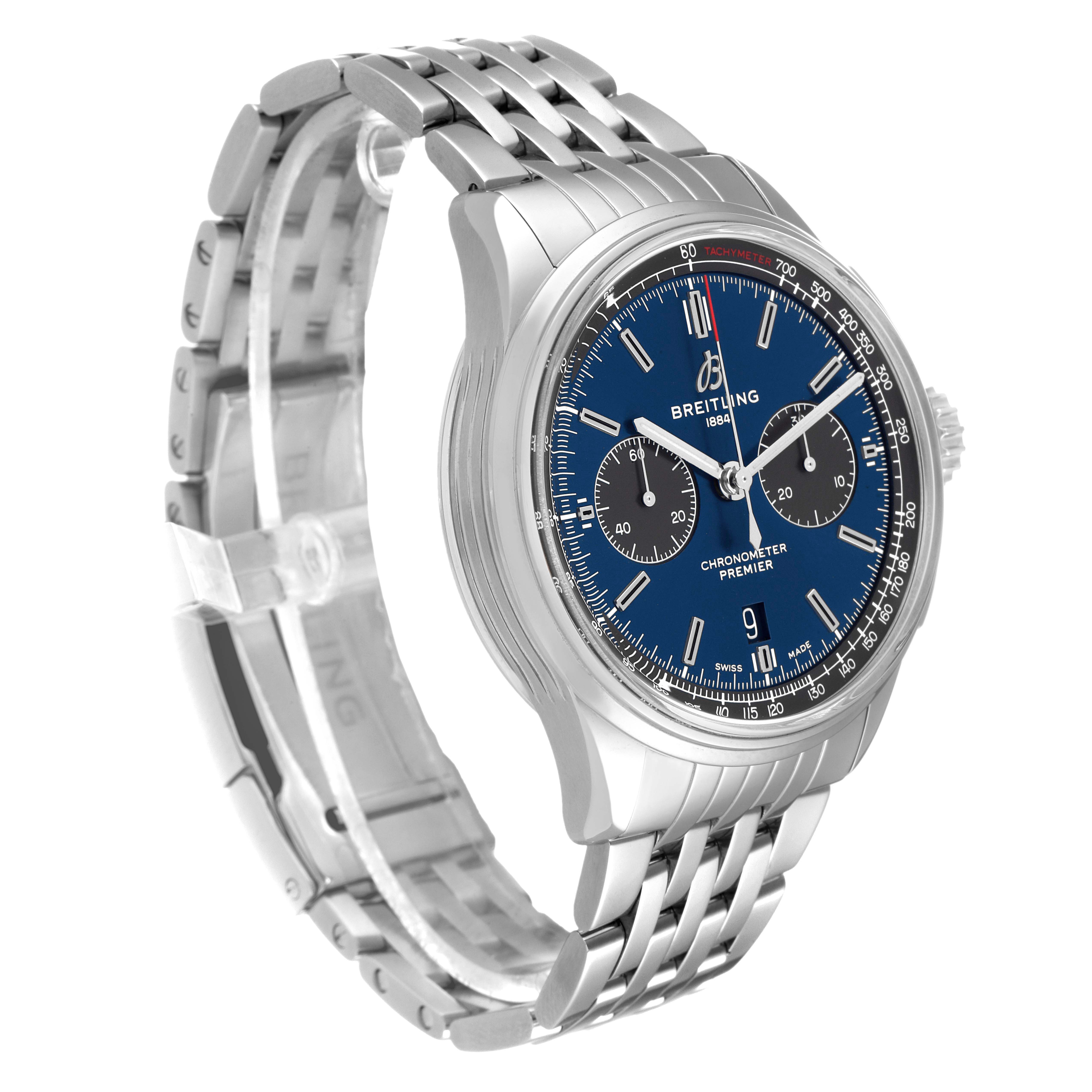 The image shows a Breitling Premier AB0118 Men's Stainless Steel Blue Dial AB0118 Men's Stainless Steel Blue Dial watch at a three-quarter angle, highlighting the dial, case, and bracelet.