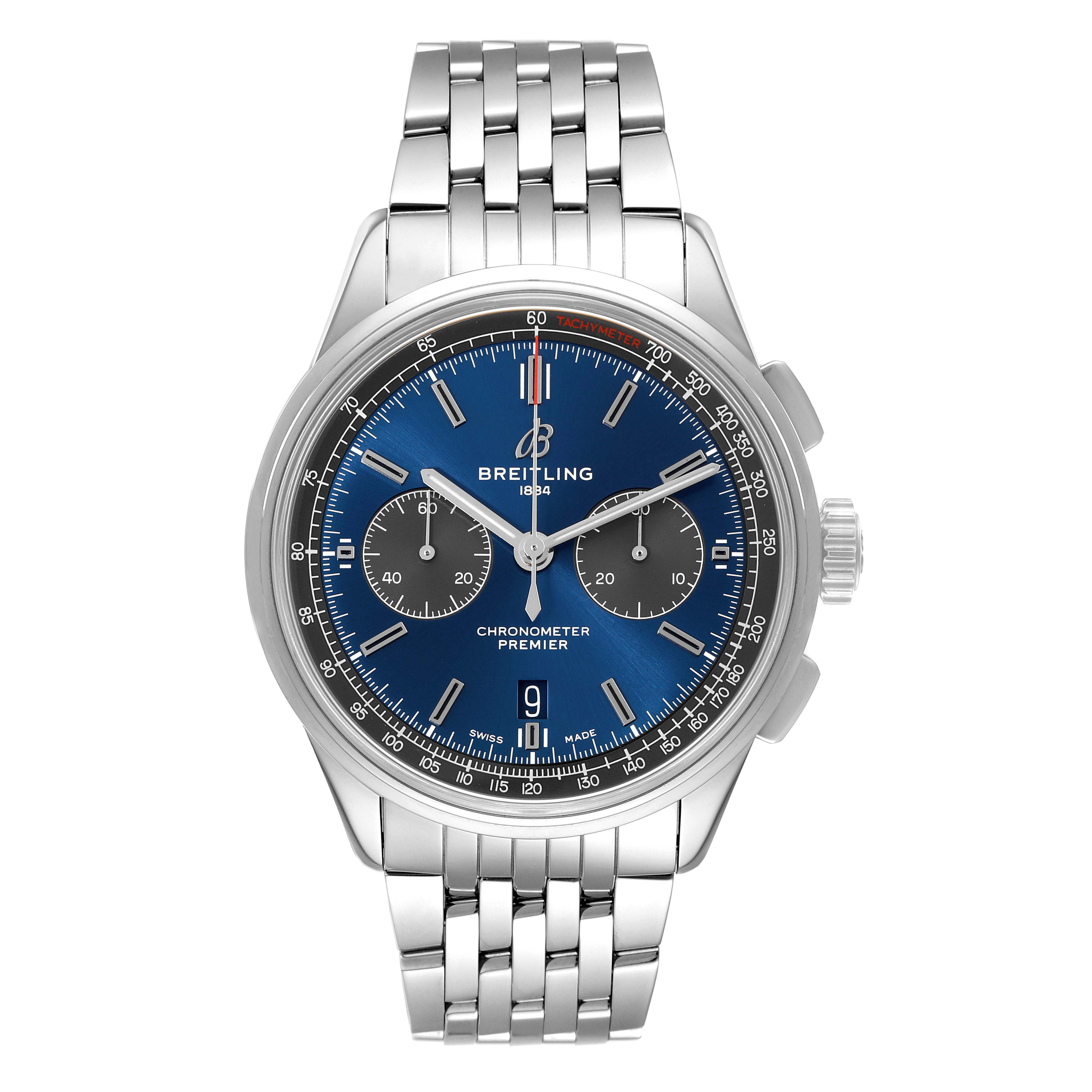 The Breitling Premier AB0118 Men's Stainless Steel Blue Dial AB0118 Men's Stainless Steel Blue Dial model watch is shown from the front, displaying its face, case, bracelet, and chronograph dials.