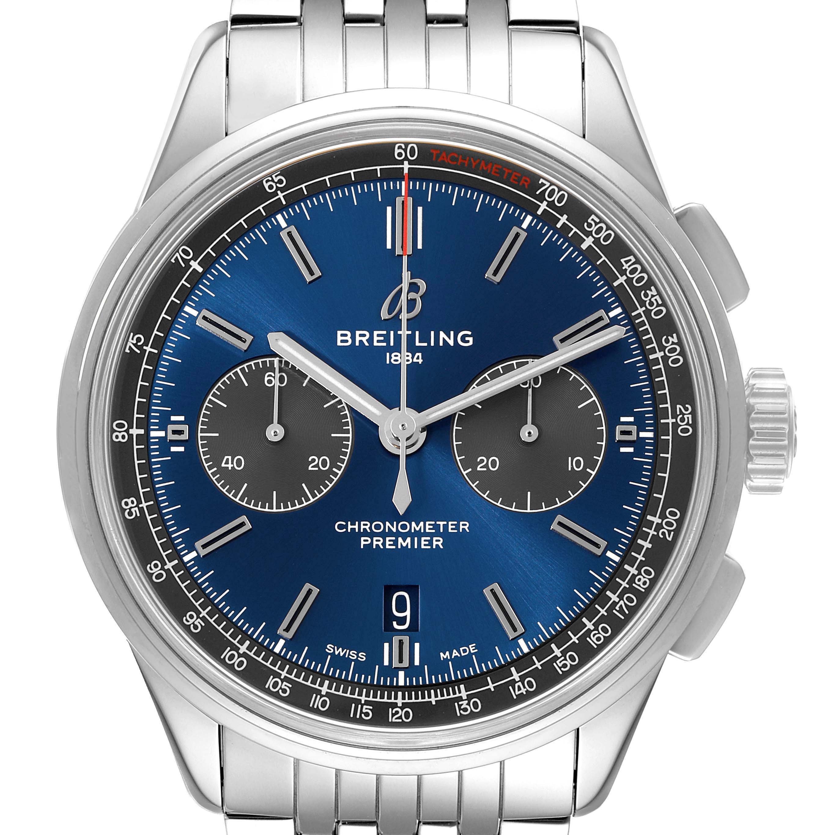 This image shows a close-up front view of the Breitling Premier AB0118 Men's Stainless Steel Blue Dial AB0118 Men's Stainless Steel Blue Dial chronometer watch, highlighting its blue dial, subdials, and metal bracelet.