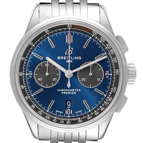 This image shows a front view of the Breitling Premier model watch, highlighting its dial, subdials, and bracelet.