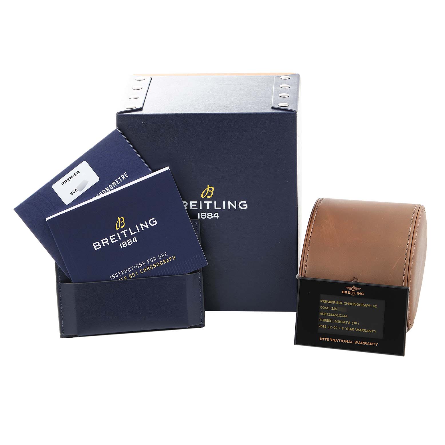 The image shows the packaging, manuals, and warranty card for a Breitling Premier AB0118 Men's Stainless Steel Blue Dial AB0118 Men's Stainless Steel Blue Dial watch.