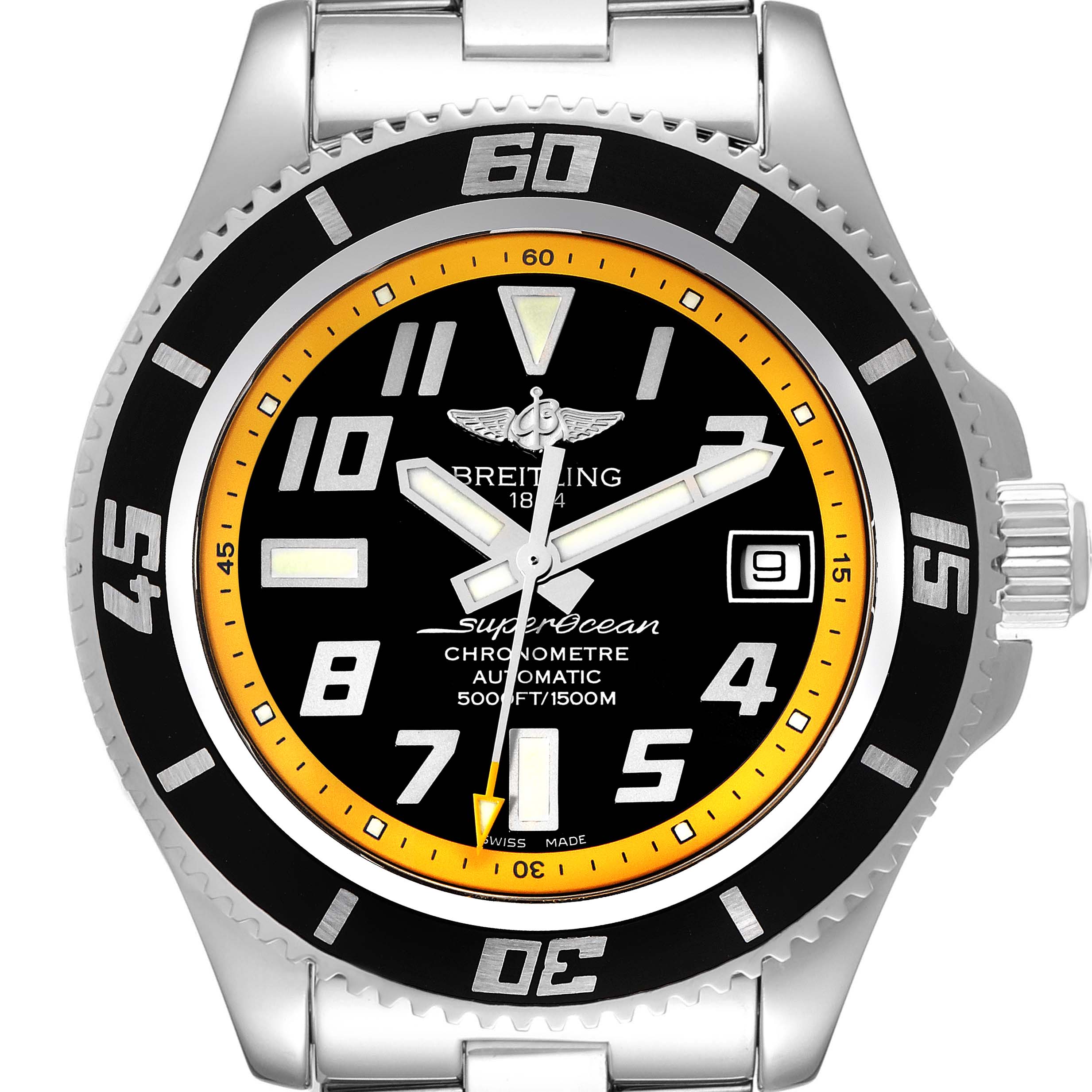 The image shows a front view of the Breitling Superocean A17364 Men's Stainless Steel Black Dial A17364 Men's Stainless Steel Black Dial watch, featuring its bezel, dial, hands, and part of the bracelet.