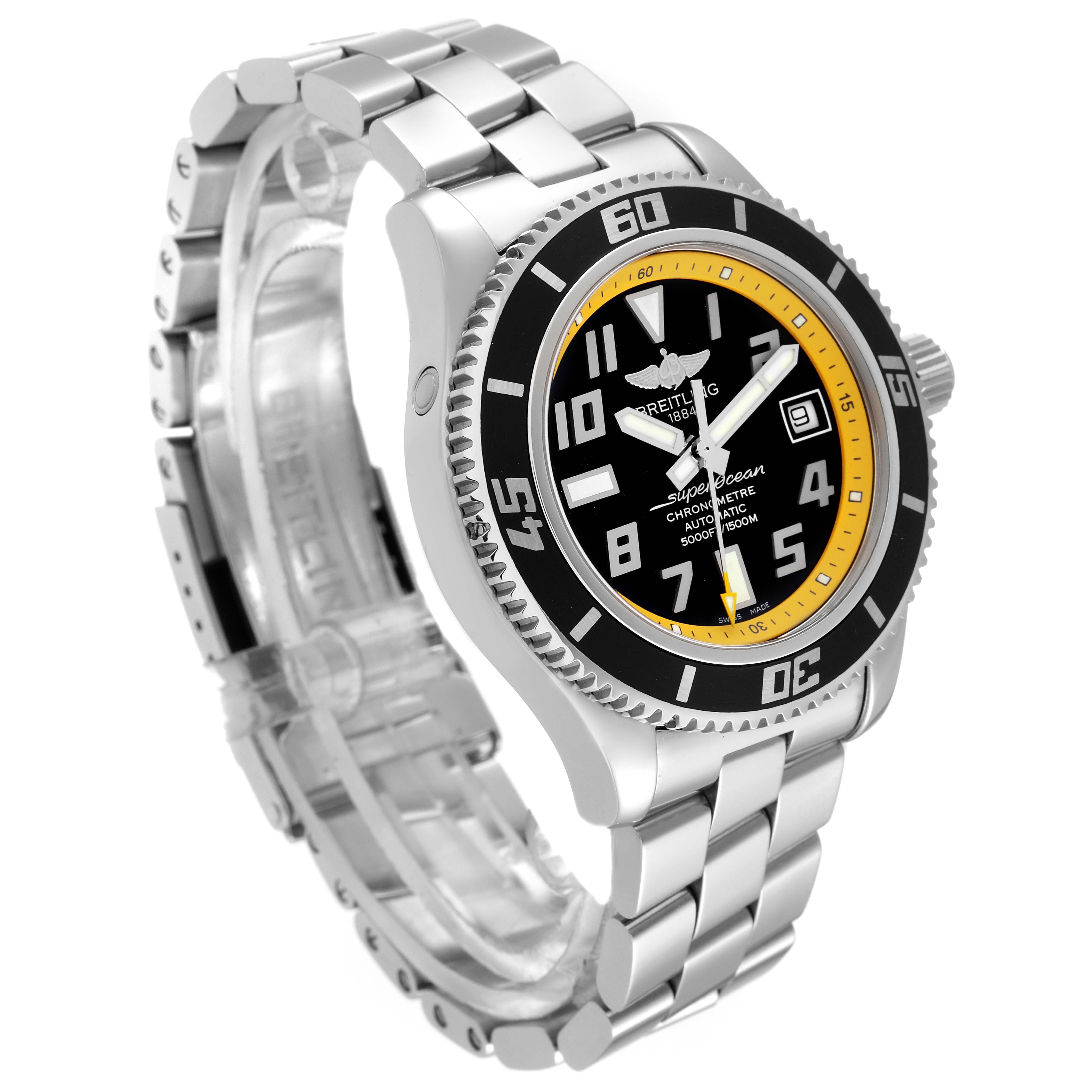 The angle shows a side view of the Breitling Superocean A17364 Men's Stainless Steel Black Dial A17364 Men's Stainless Steel Black Dial watch, highlighting the face, bezel, and stainless steel bracelet.