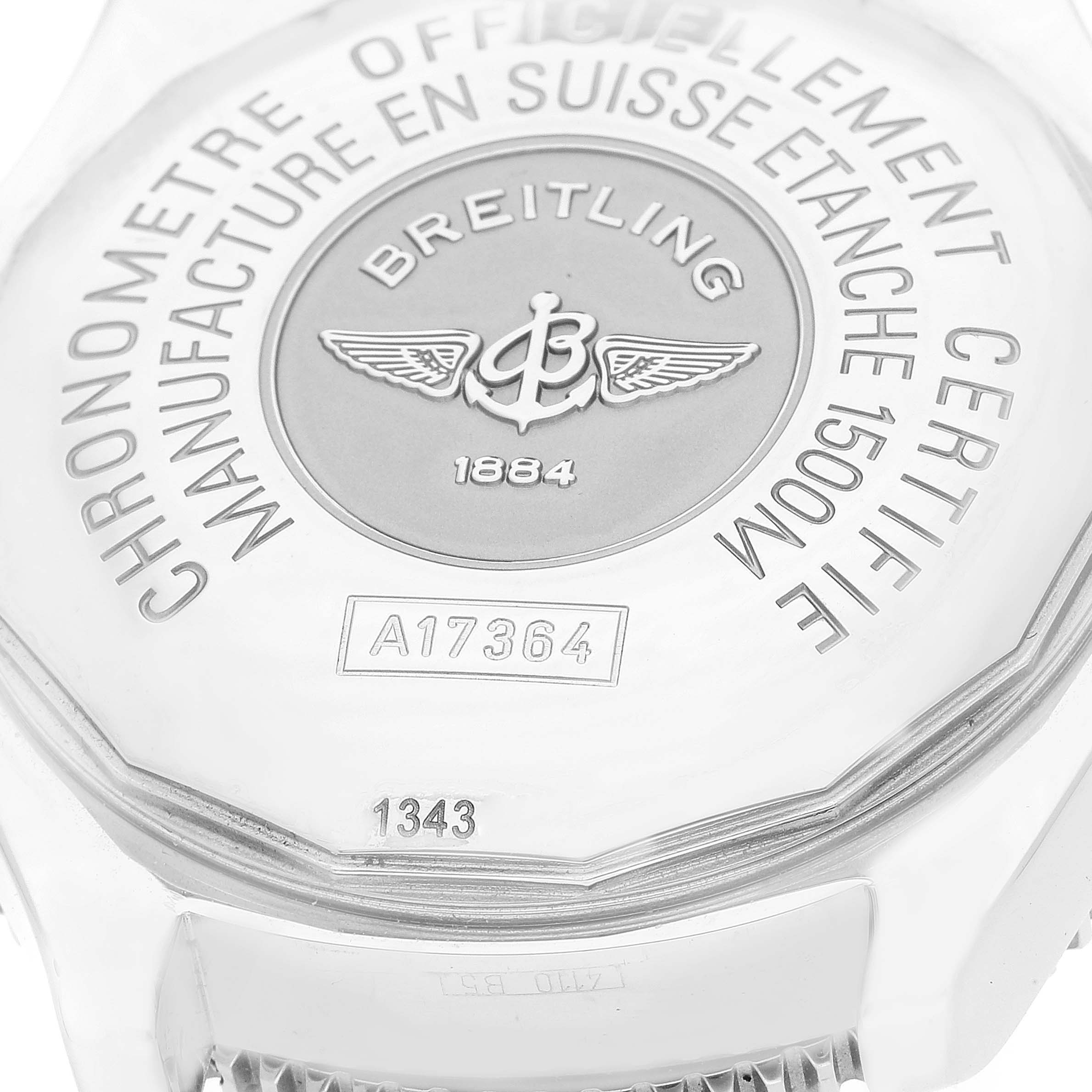 This image shows the back case of the Breitling Superocean A17364 Men's Stainless Steel Black Dial A17364 Men's Stainless Steel Black Dial watch, highlighting the brand's logo, seal, and model number.