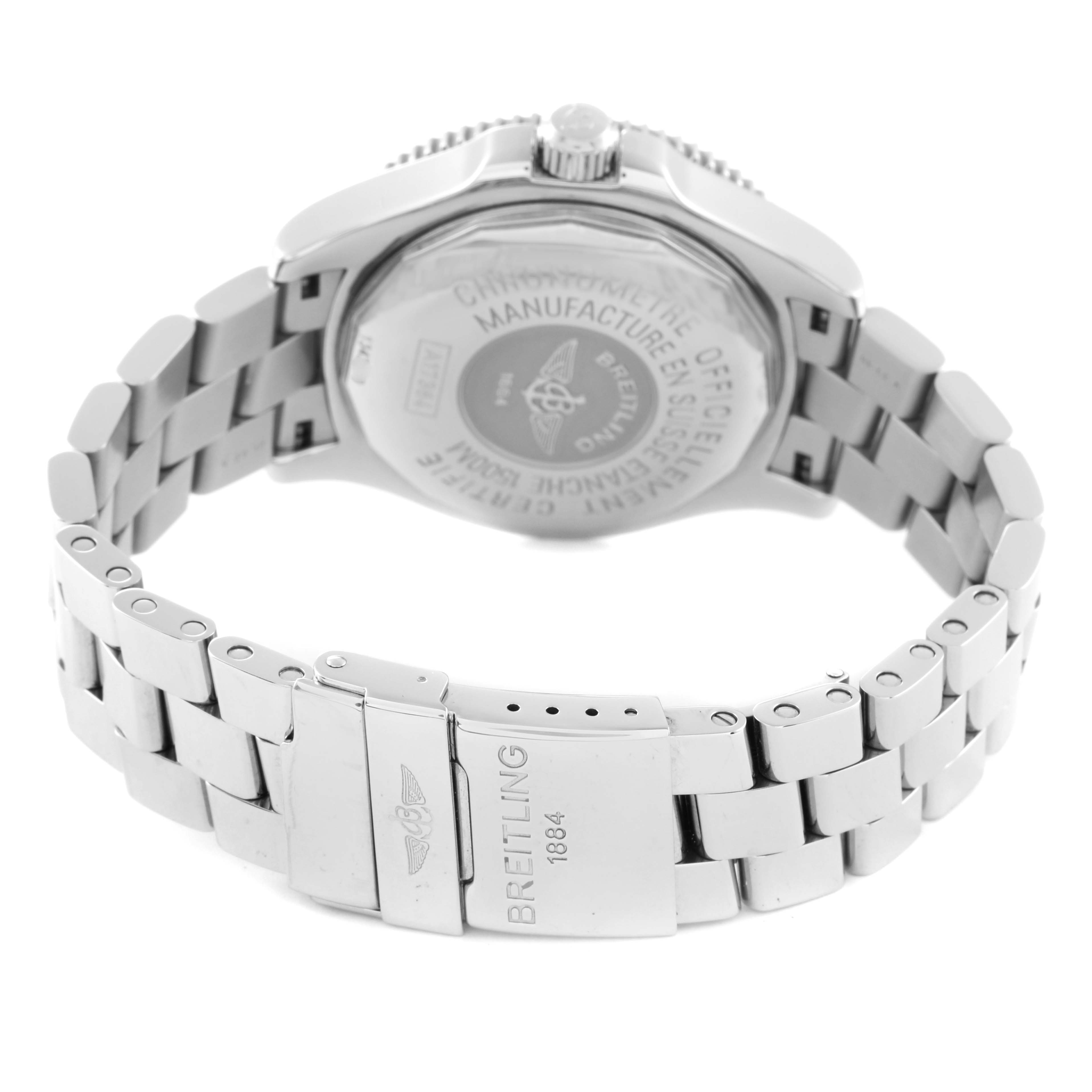 The image shows the back view of a Breitling Superocean A17364 Men's Stainless Steel Black Dial A17364 Men's Stainless Steel Black Dial watch, highlighting the case back and the metal bracelet with the Breitling logo.