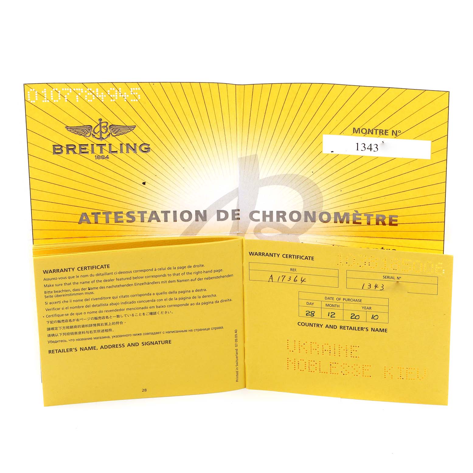 The image shows the warranty certificate for the Breitling Superocean A17364 Men's Stainless Steel Black Dial A17364 Men's Stainless Steel Black Dial watch.