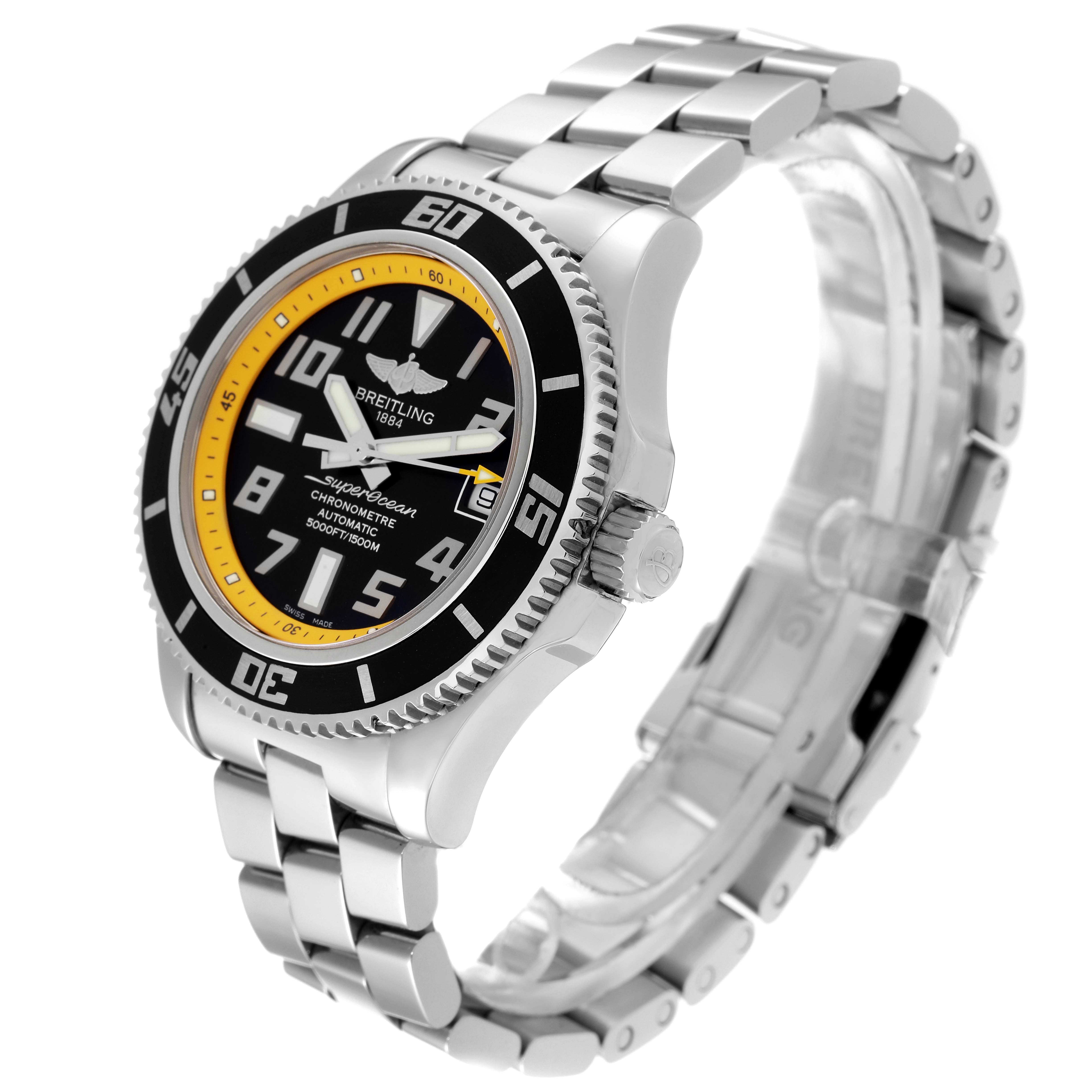 The Breitling Superocean A17364 Men's Stainless Steel Black Dial A17364 Men's Stainless Steel Black Dial watch is shown at an angled side view, highlighting the dial, bezel, crown, and metal bracelet.