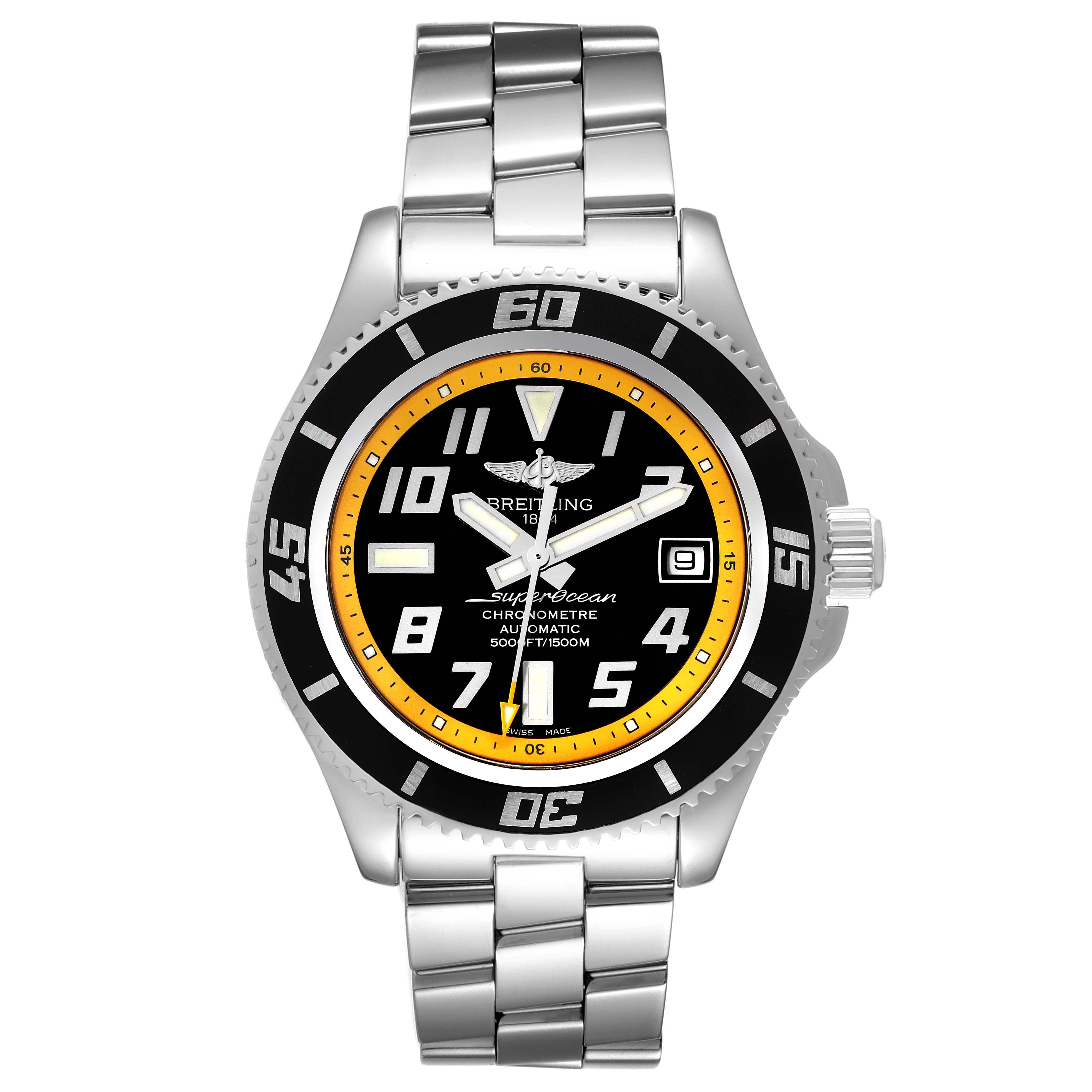 This is a front view of a Breitling Superocean A17364 Men's Stainless Steel Black Dial A17364 Men's Stainless Steel Black Dial watch, displaying the face, bezel, bracelet, and crown.