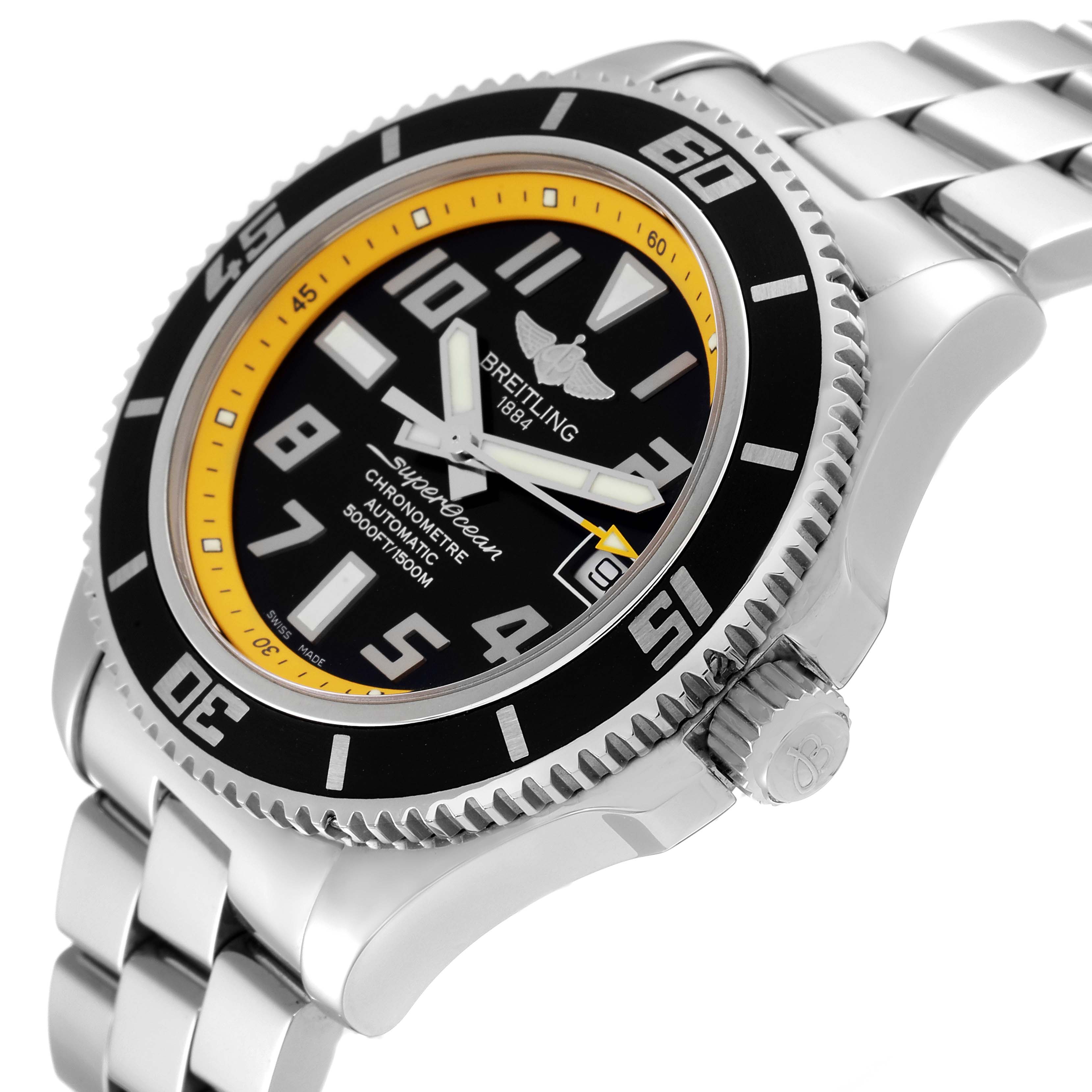 This Breitling Superocean A17364 Men's Stainless Steel Black Dial A17364 Men's Stainless Steel Black Dial watch is shown at an angle highlighting the face, bezel, and metal bracelet.