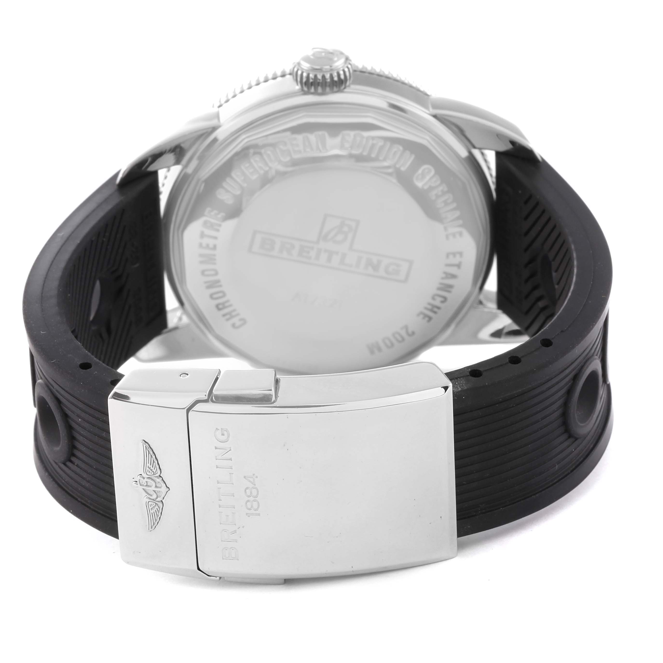 This image shows the back and clasp of the Breitling Superocean A17321 Men's Stainless Steel Silver Dial A17321 Men's Stainless Steel Silver Dial watch with its branding visible.