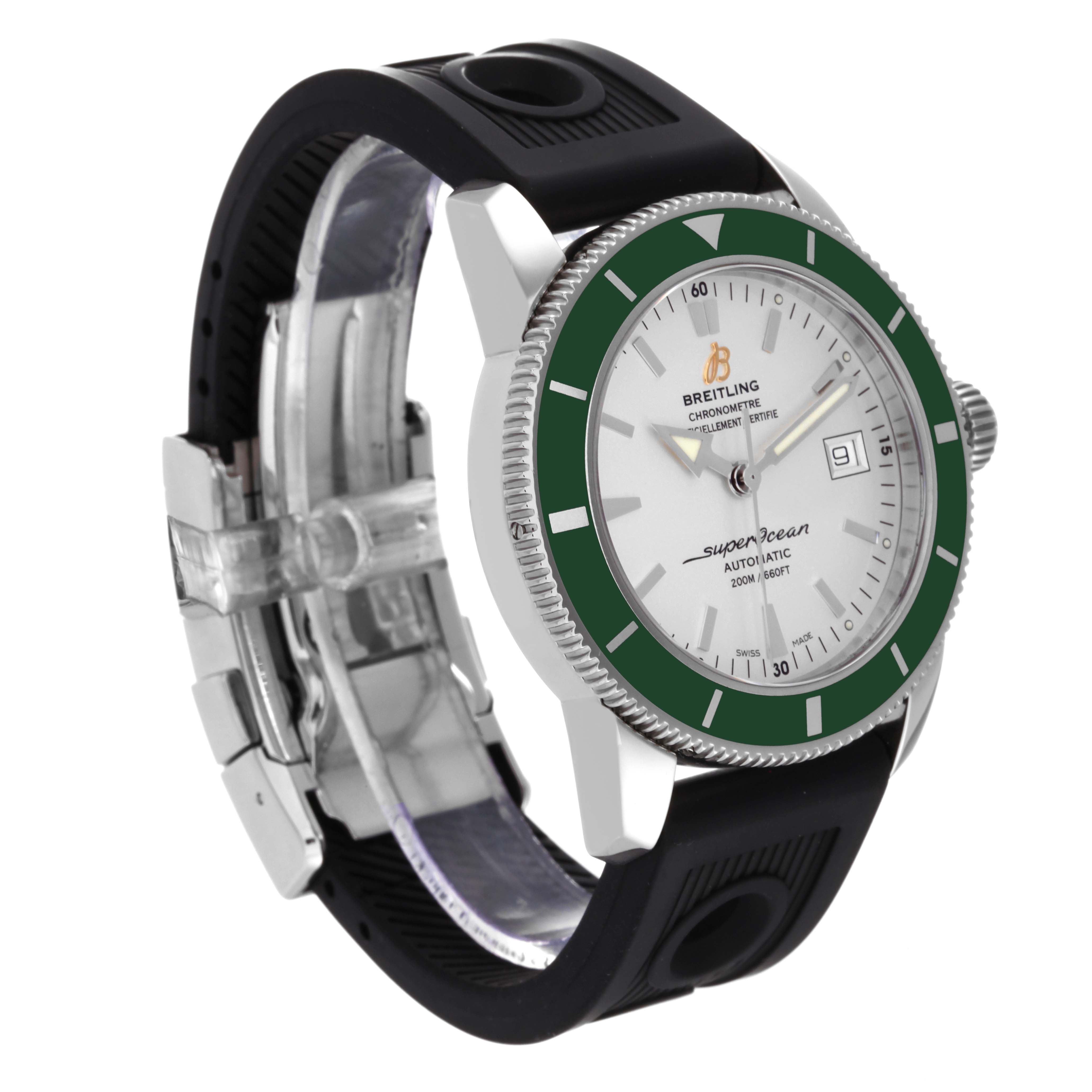 The image shows a Breitling Superocean A17321 Men's Stainless Steel Silver Dial A17321 Men's Stainless Steel Silver Dial watch at an oblique angle, revealing the dial, bezel, case, crown, and part of the strap.