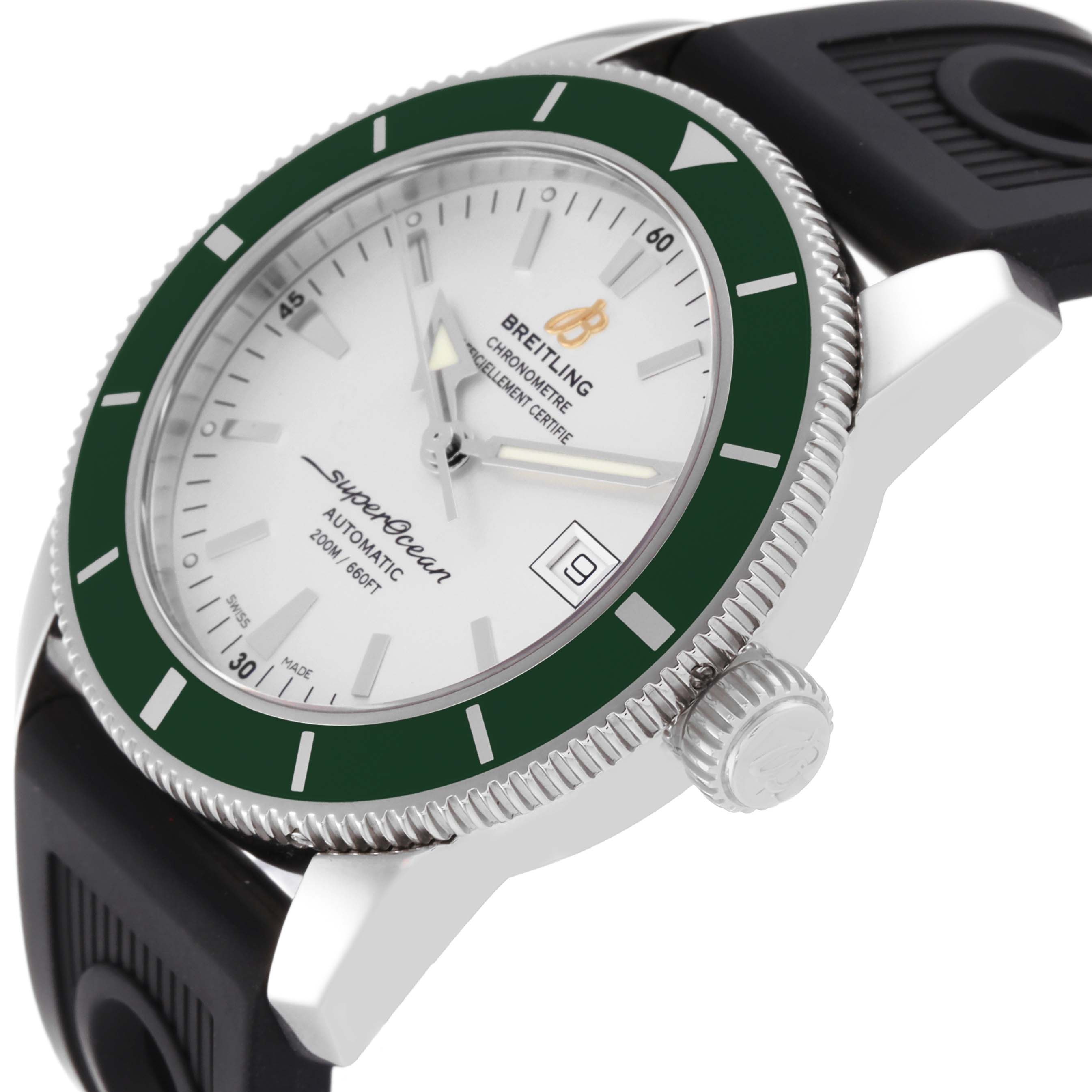 This Breitling Superocean A17321 Men's Stainless Steel Silver Dial A17321 Men's Stainless Steel Silver Dial watch image shows an angled view highlighting the face, bezel, crown, and part of the strap.