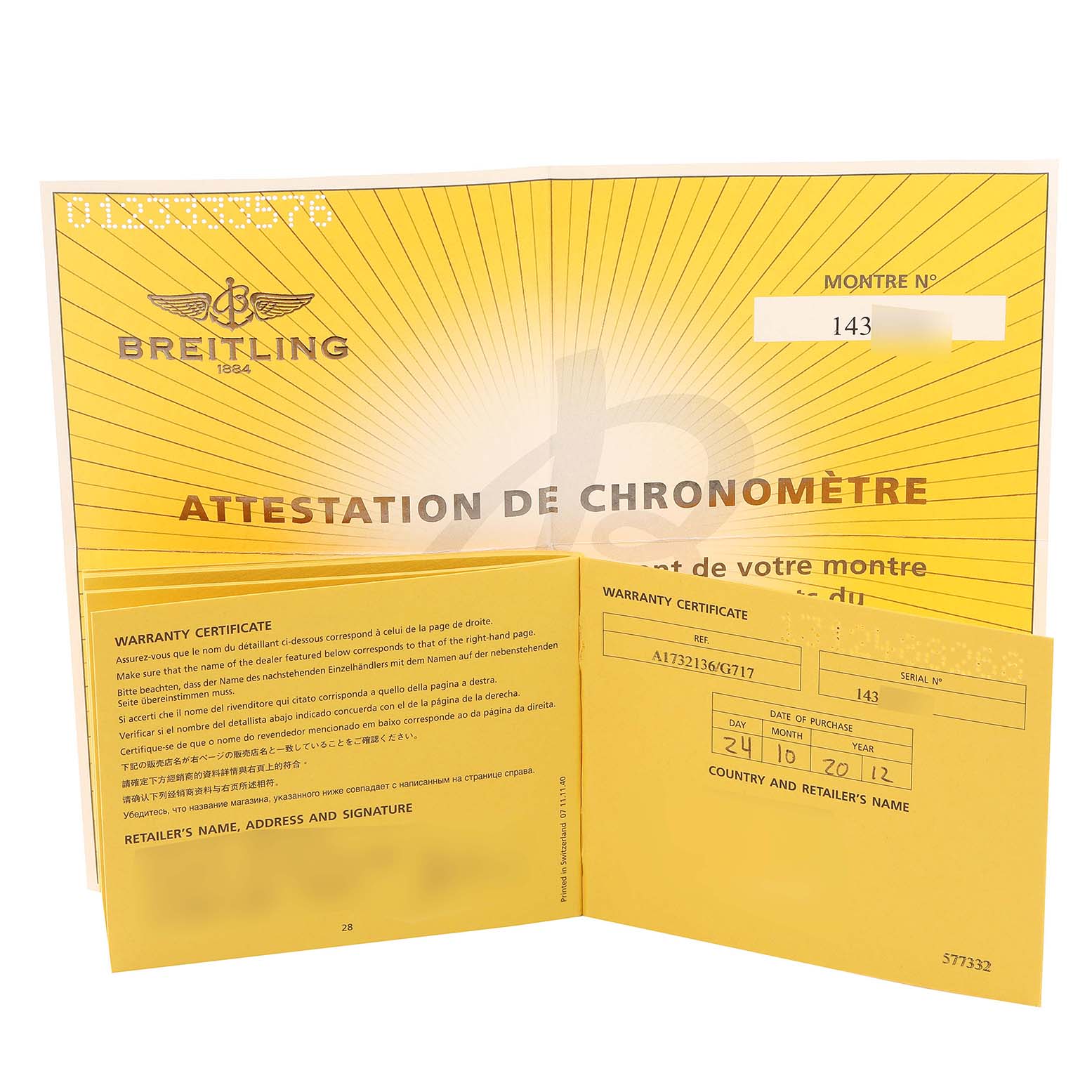 The image shows the warranty certificate and chronometer certification for a Breitling Superocean A17321 Men's Stainless Steel Silver Dial A17321 Men's Stainless Steel Silver Dial model watch.