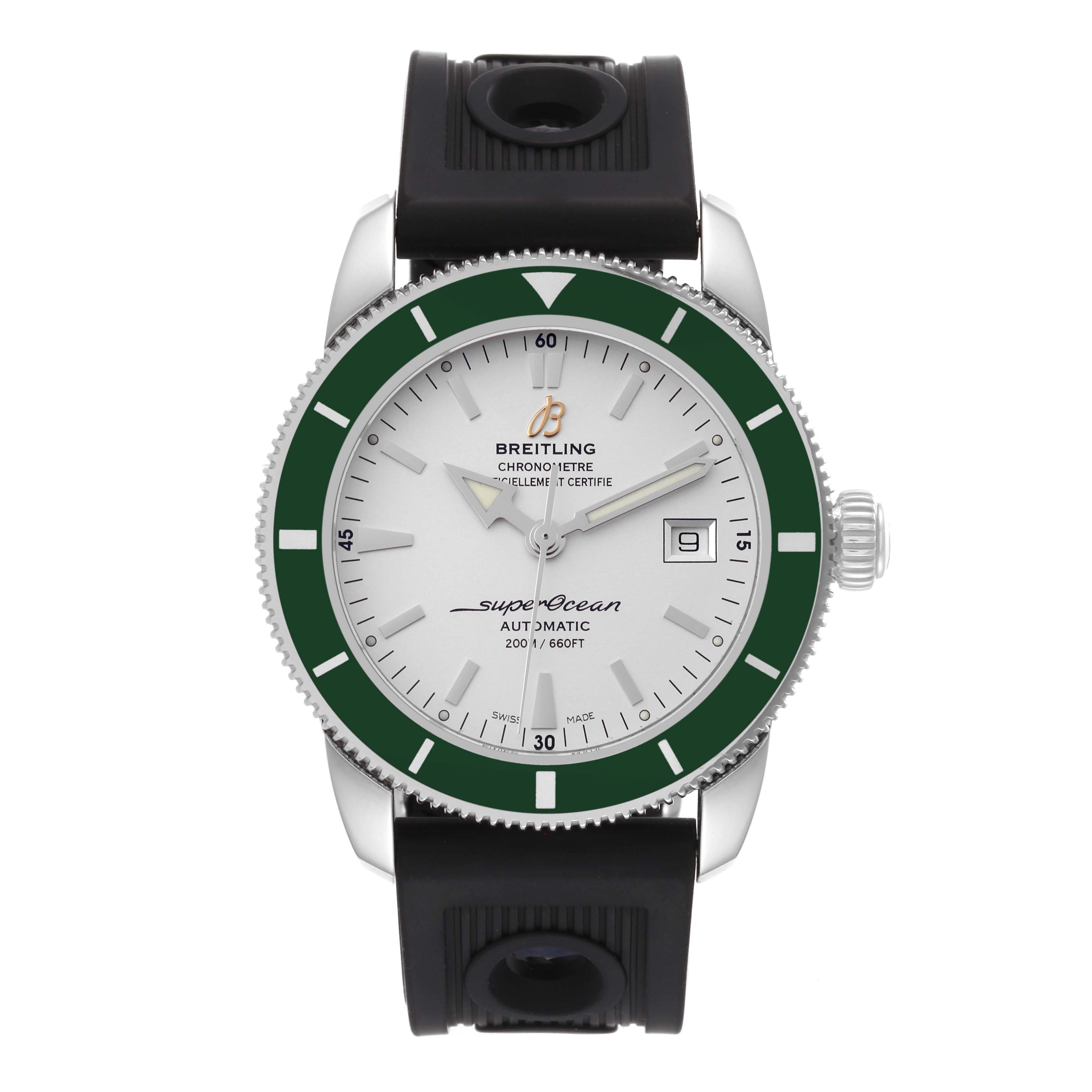 This image shows a frontal view of a Breitling Superocean A17321 Men's Stainless Steel Silver Dial A17321 Men's Stainless Steel Silver Dial watch with a green bezel and black strap.