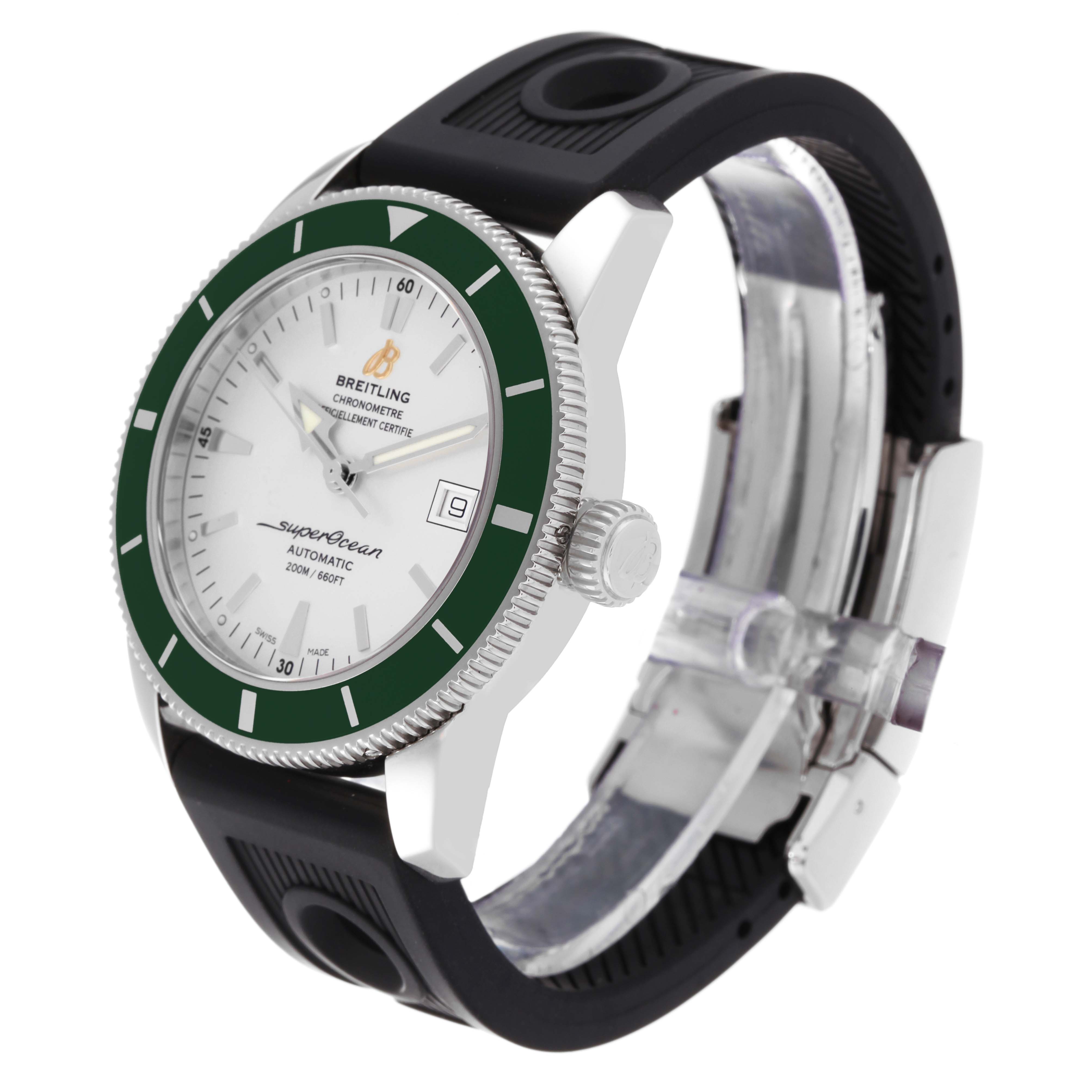 This image shows a Breitling Superocean A17321 Men's Stainless Steel Silver Dial A17321 Men's Stainless Steel Silver Dial watch at a three-quarter angle, highlighting the face, bezel, crown, and strap.