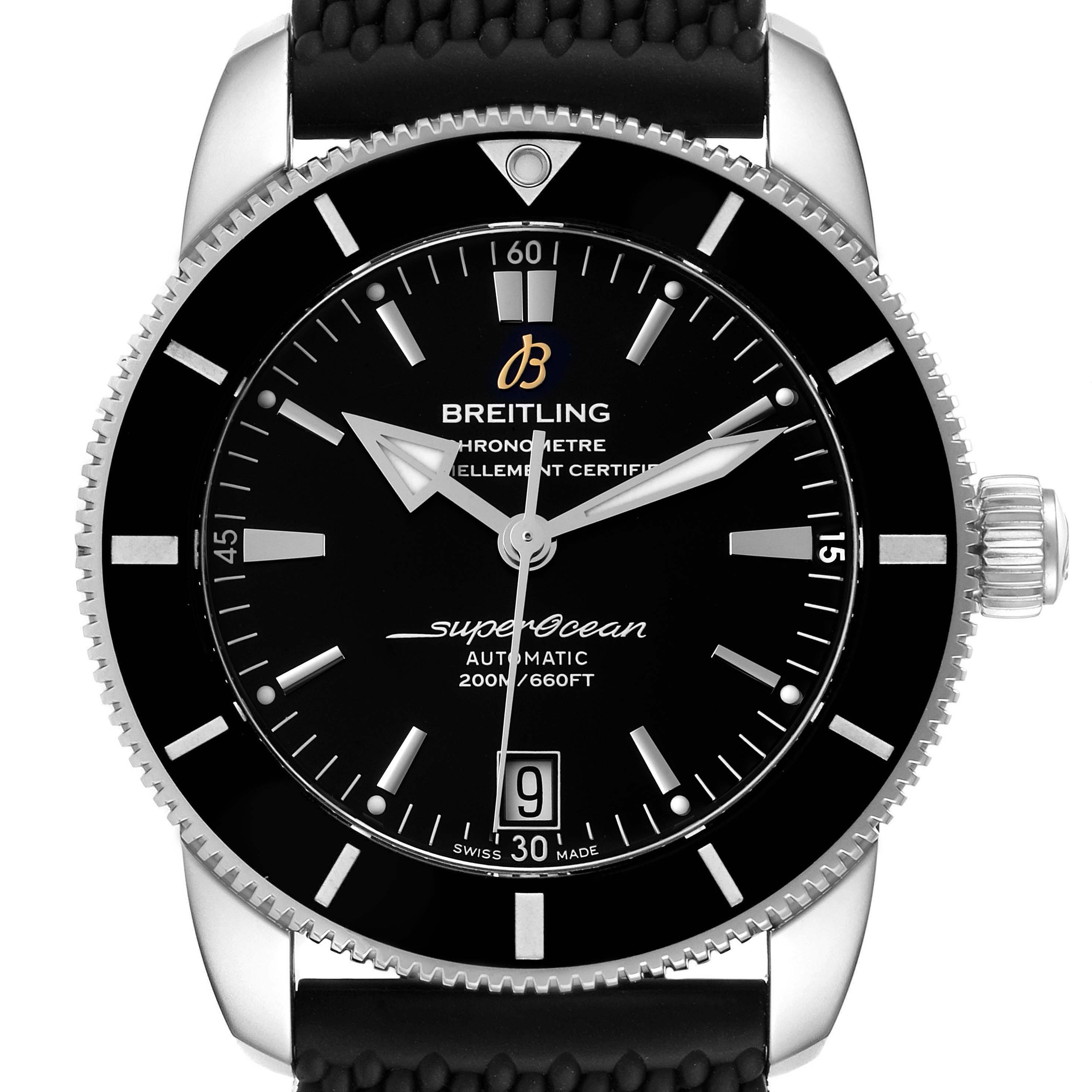 This image shows a front view of a Breitling Superocean AB2010 Men's Stainless Steel Black Dial AB2010 Men's Stainless Steel Black Dial watch, highlighting the watch face, bezel, hands, and crown.