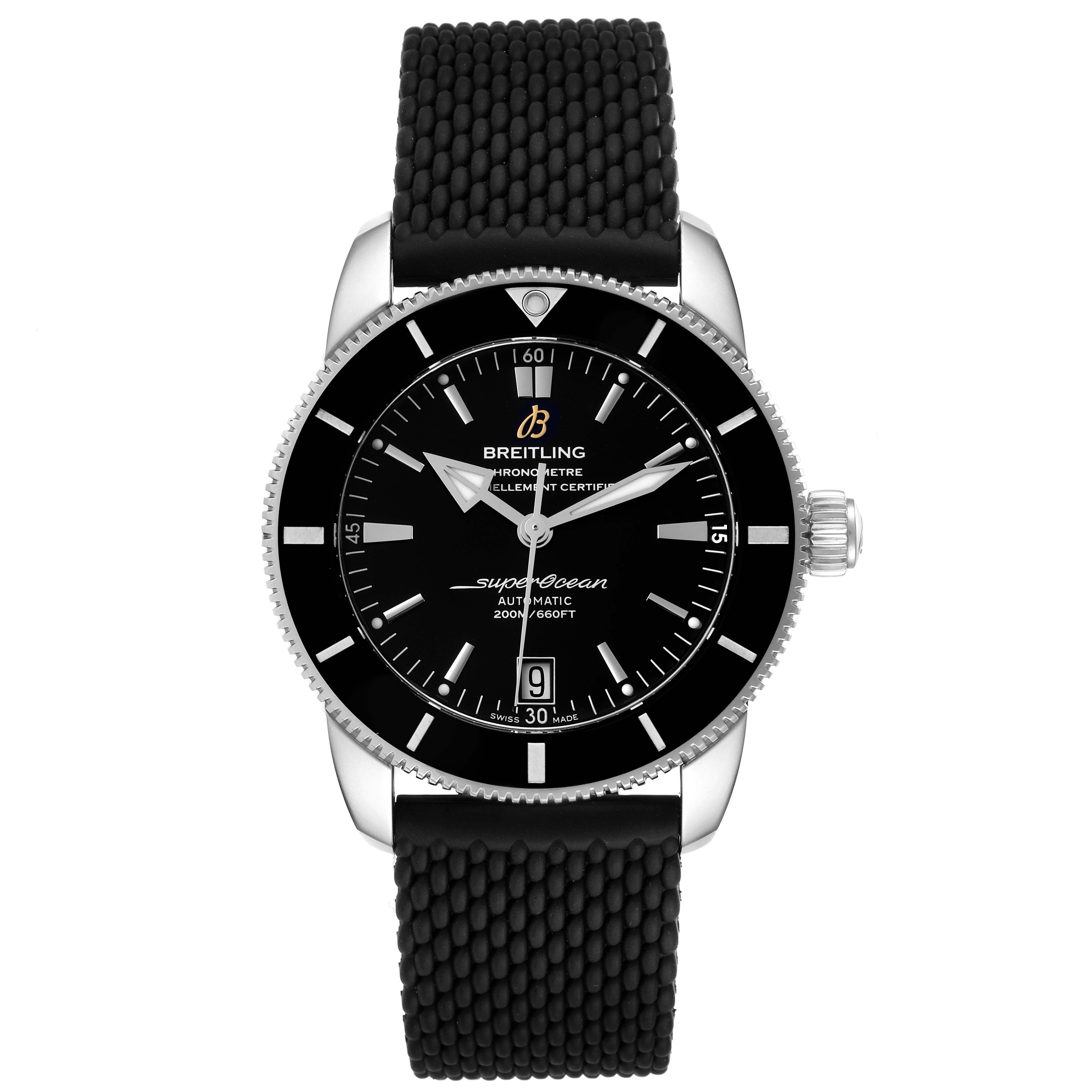 This image shows a front view of the Breitling Superocean AB2010 Men's Stainless Steel Black Dial AB2010 Men's Stainless Steel Black Dial watch, highlighting the dial, bezel, strap, and crown.